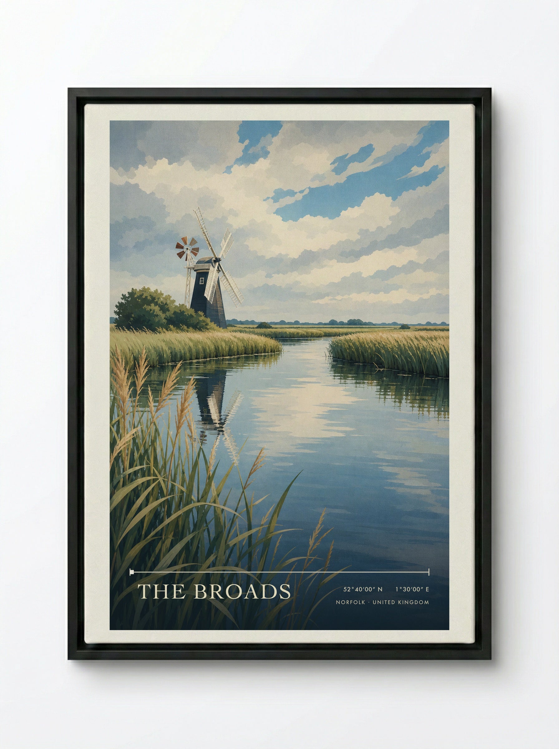 The Broads Norfolk United Kingdom Travel Poster - Framed Canvas Black