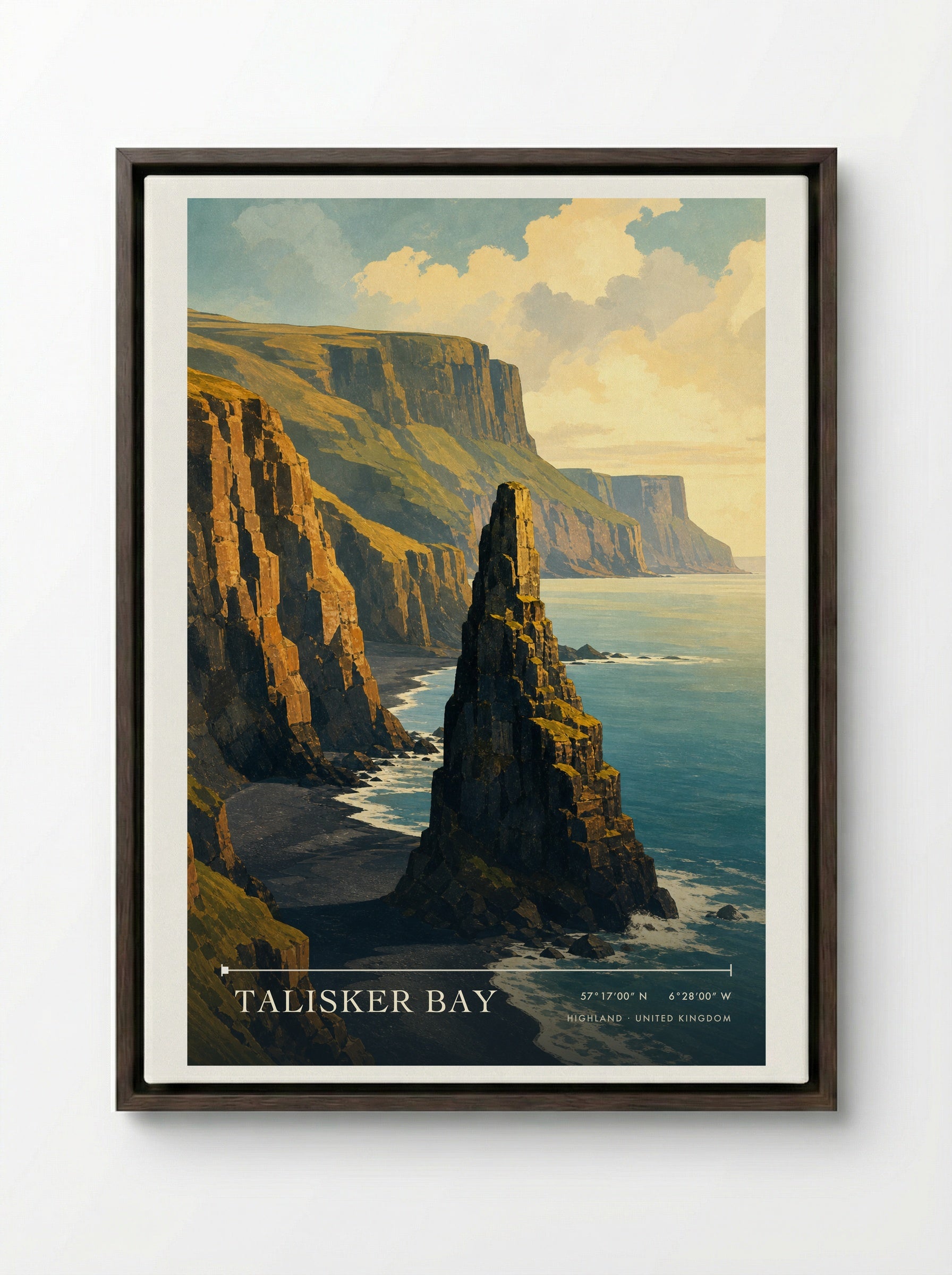Talisker Bay Highland United Kingdom Travel Poster - Framed Canvas Dark Wood