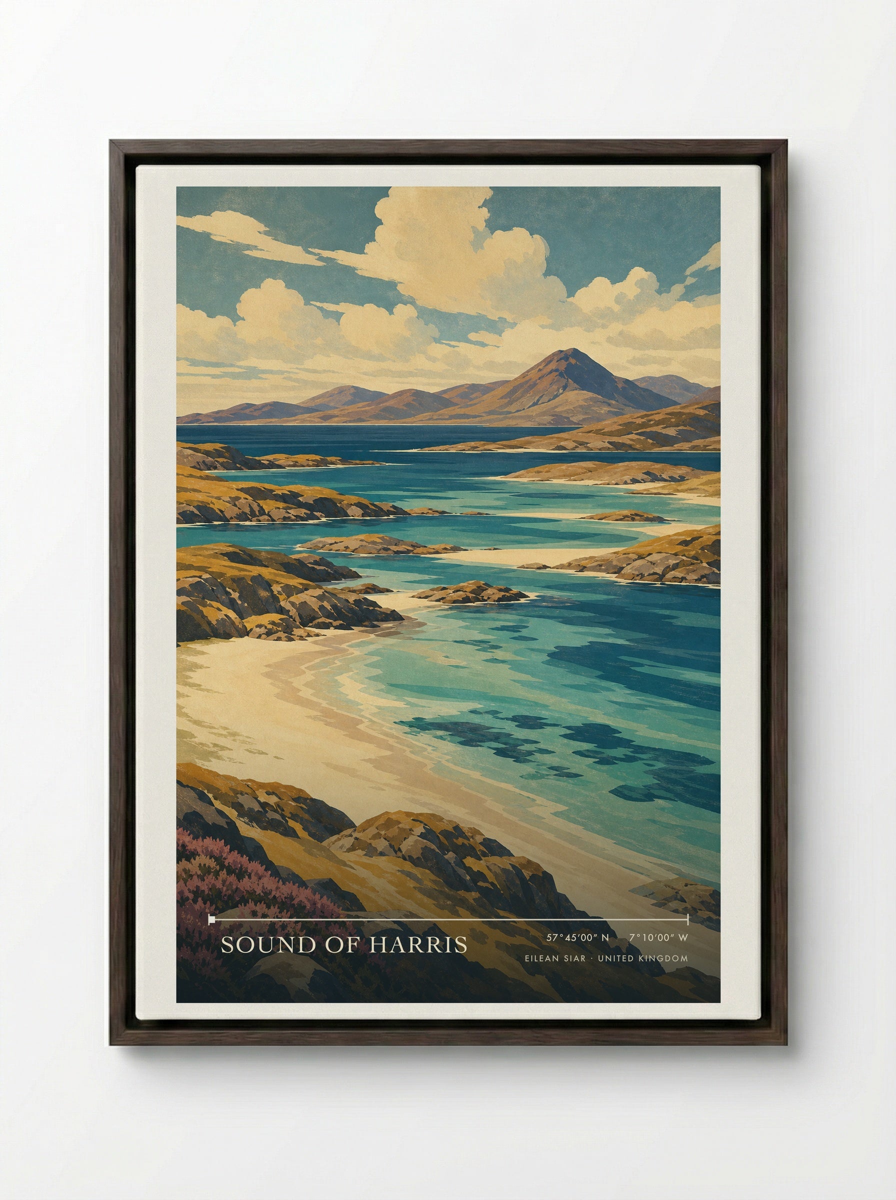 Sound of Harris Eilean Siar United Kingdom Travel Poster - Framed Canvas Dark Wood