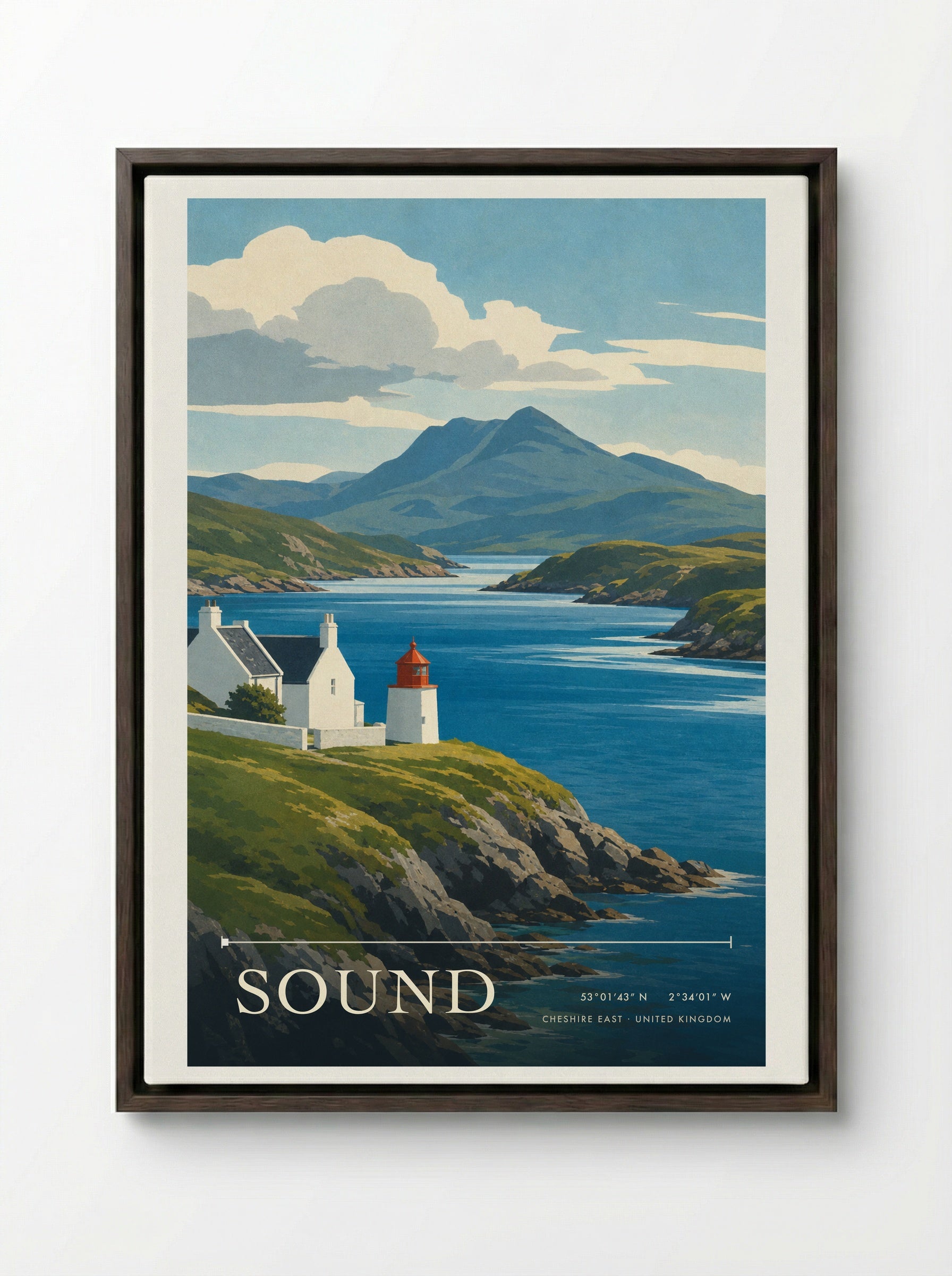 Sound Cheshire East United Kingdom Travel Poster - Framed Canvas Dark Wood