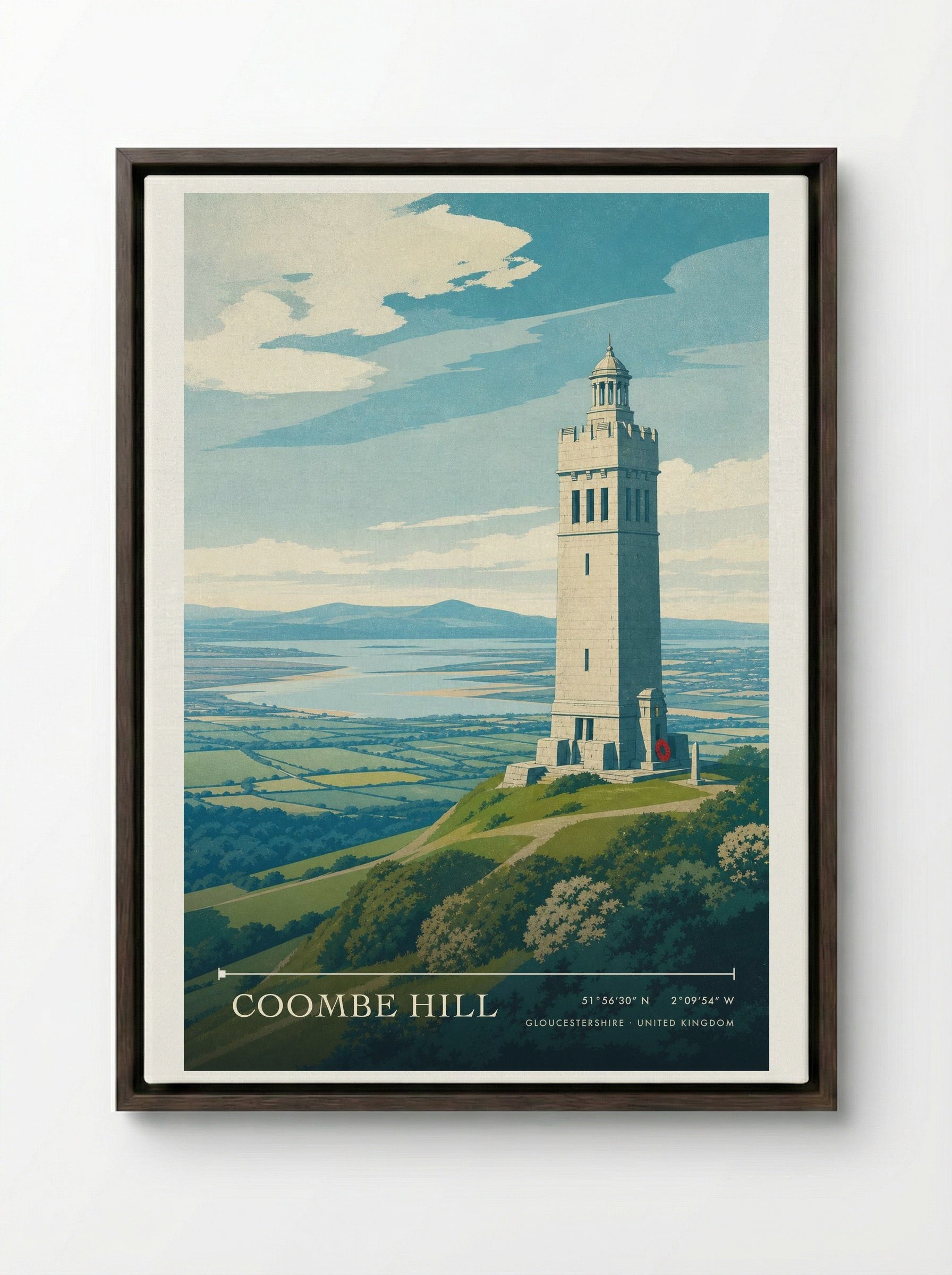 Coombe Hill Gloucestershire United Kingdom Travel Poster - Framed Canvas Dark Wood
