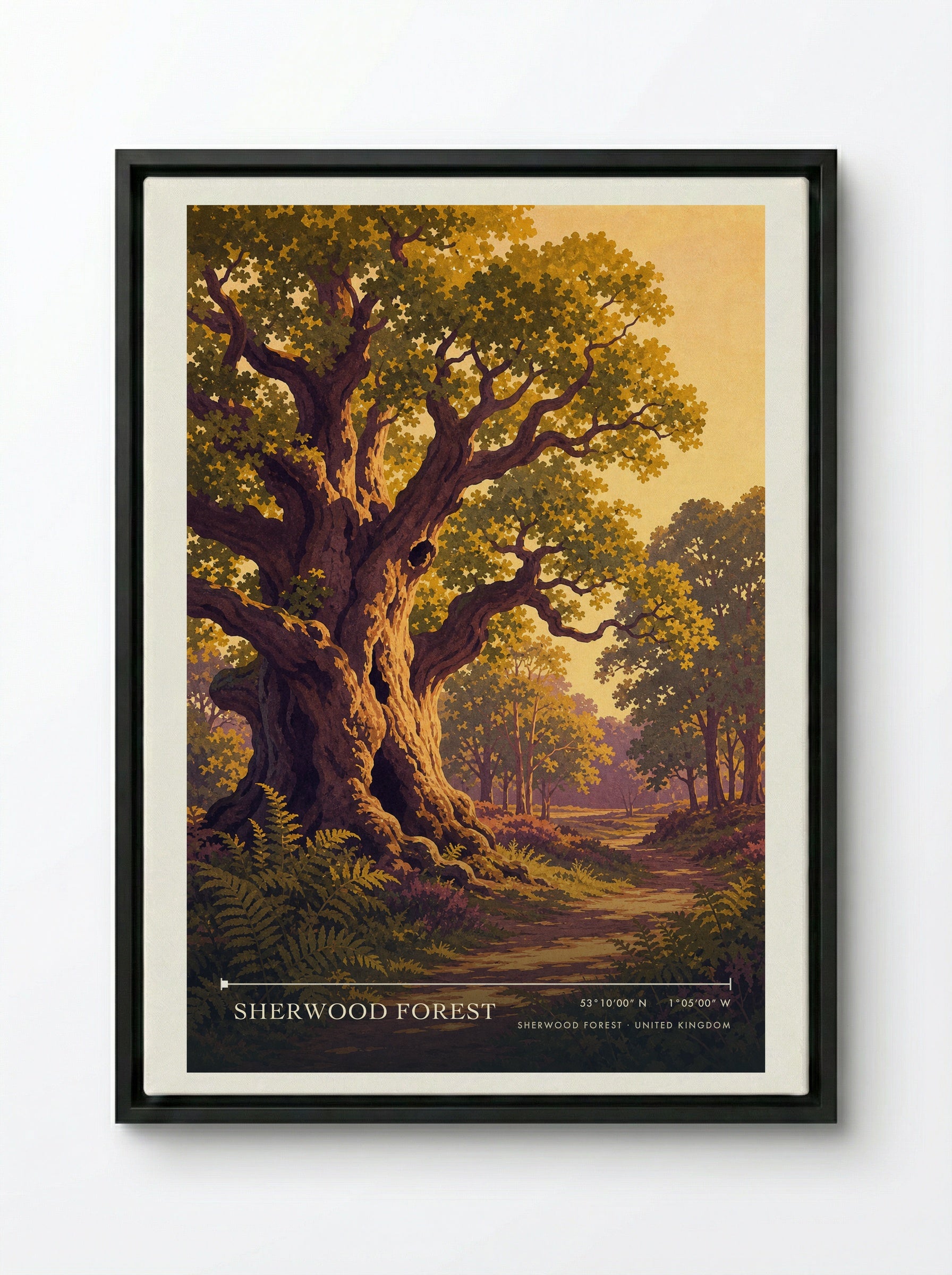 Sherwood Forest United Kingdom Travel Poster - Framed Canvas Black