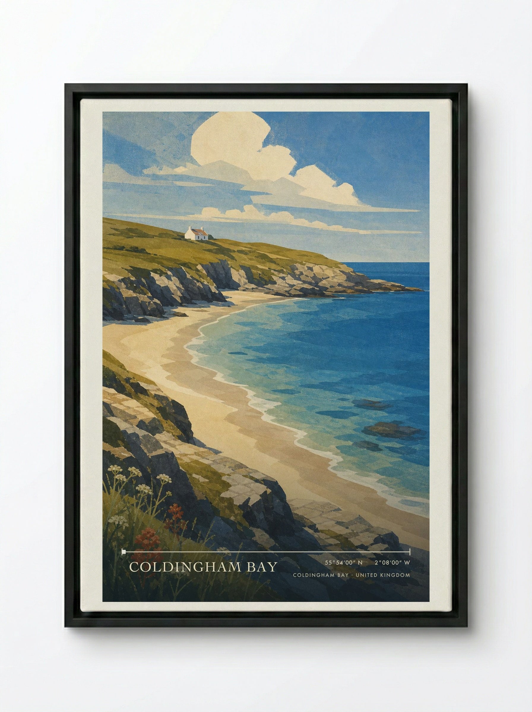 Coldingham Bay United Kingdom Travel Poster - Framed Canvas Black
