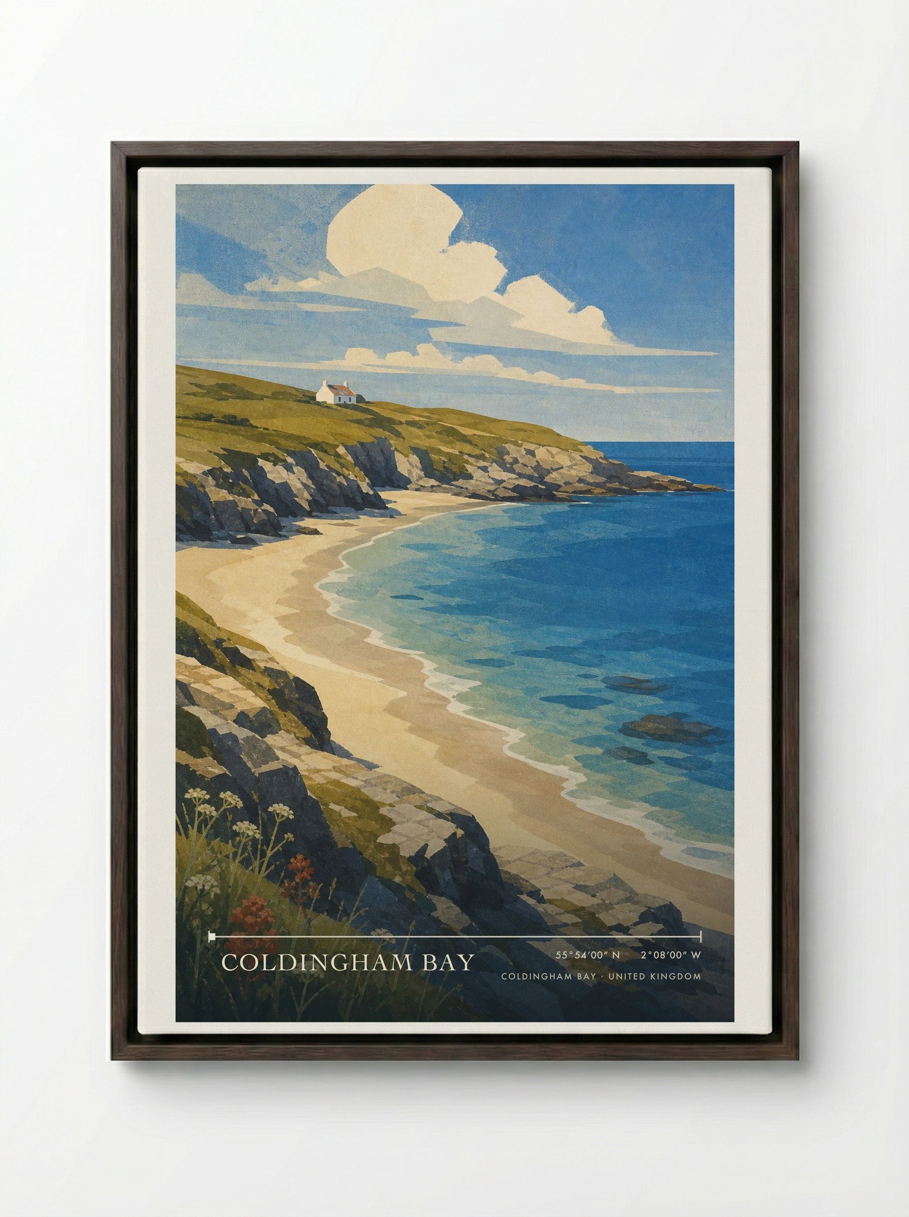 Coldingham Bay United Kingdom Travel Poster - Framed Canvas Dark Wood