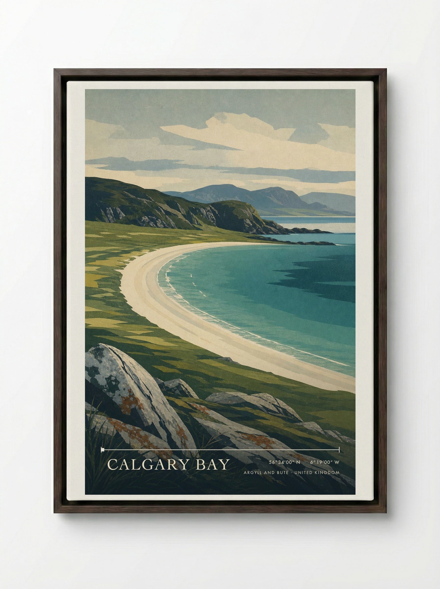 Calgary Bay Argyll and Bute United Kingdom Travel Poster - Framed Canvas Dark Wood
