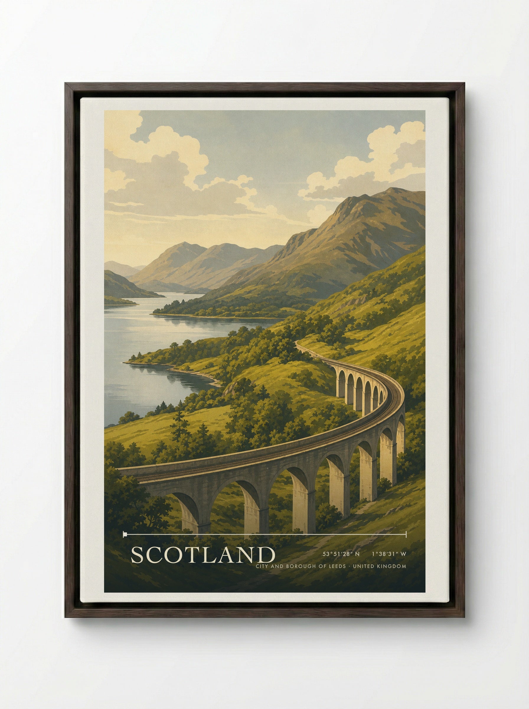 Scotland City and Borough of Leeds United Kingdom Travel Poster - Framed Canvas Dark Wood