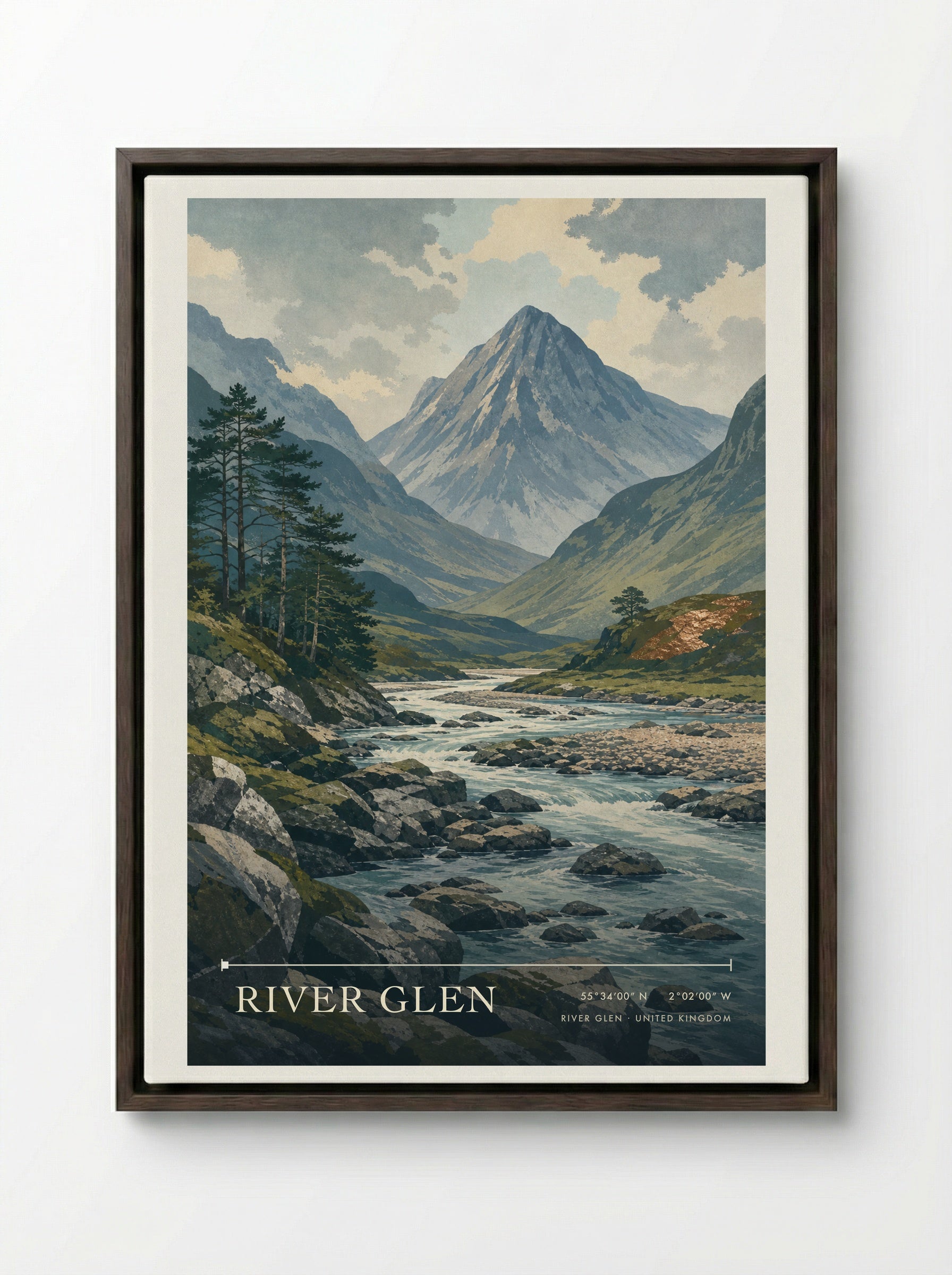 River Glen United Kingdom Travel Poster - Framed Canvas Dark Wood