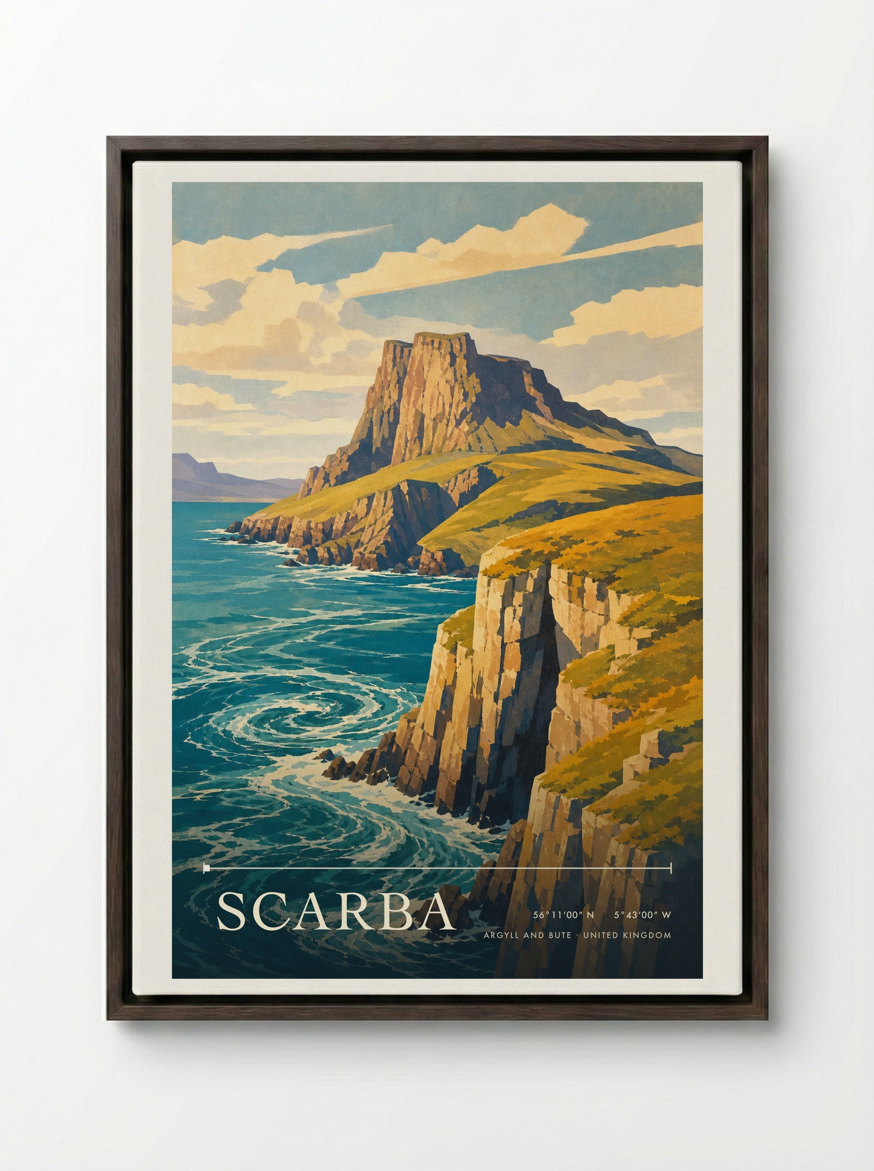Scarba Argyll and Bute United Kingdom Travel Poster - Framed Canvas Dark Wood