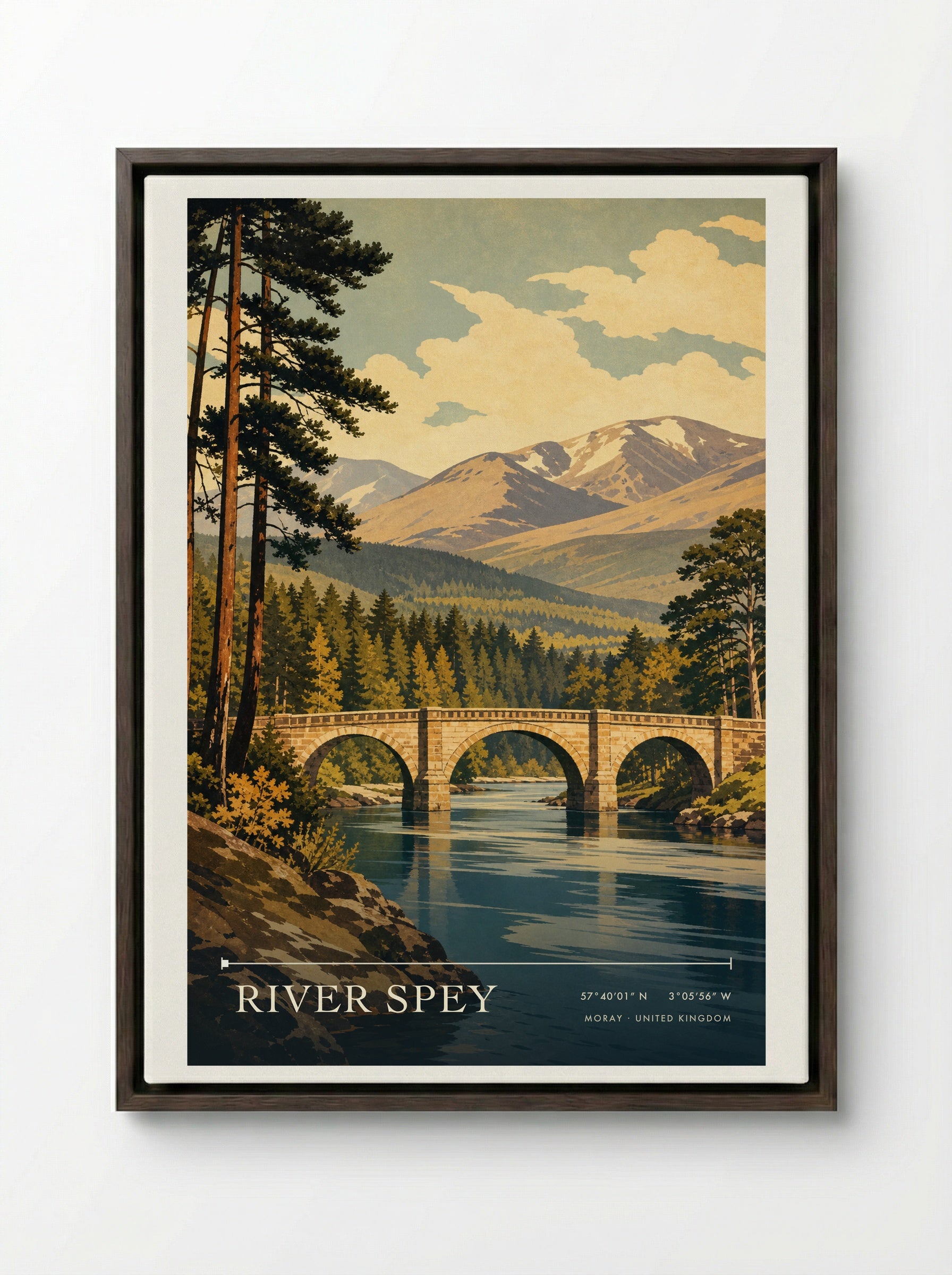 River Spey Moray United Kingdom Travel Poster - Framed Canvas Dark Wood