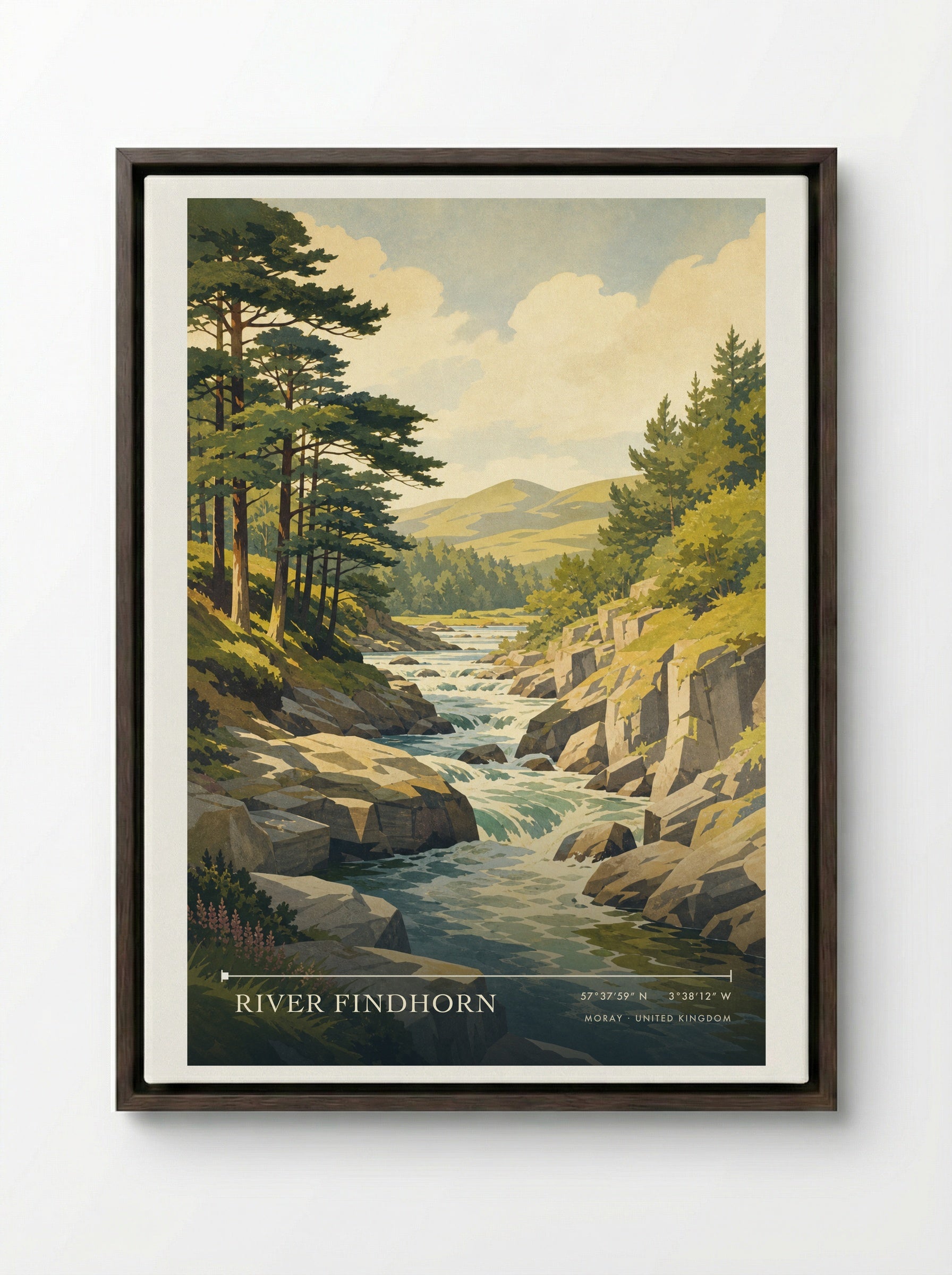 River Findhorn Moray United Kingdom Travel Poster - Framed Canvas Dark Wood