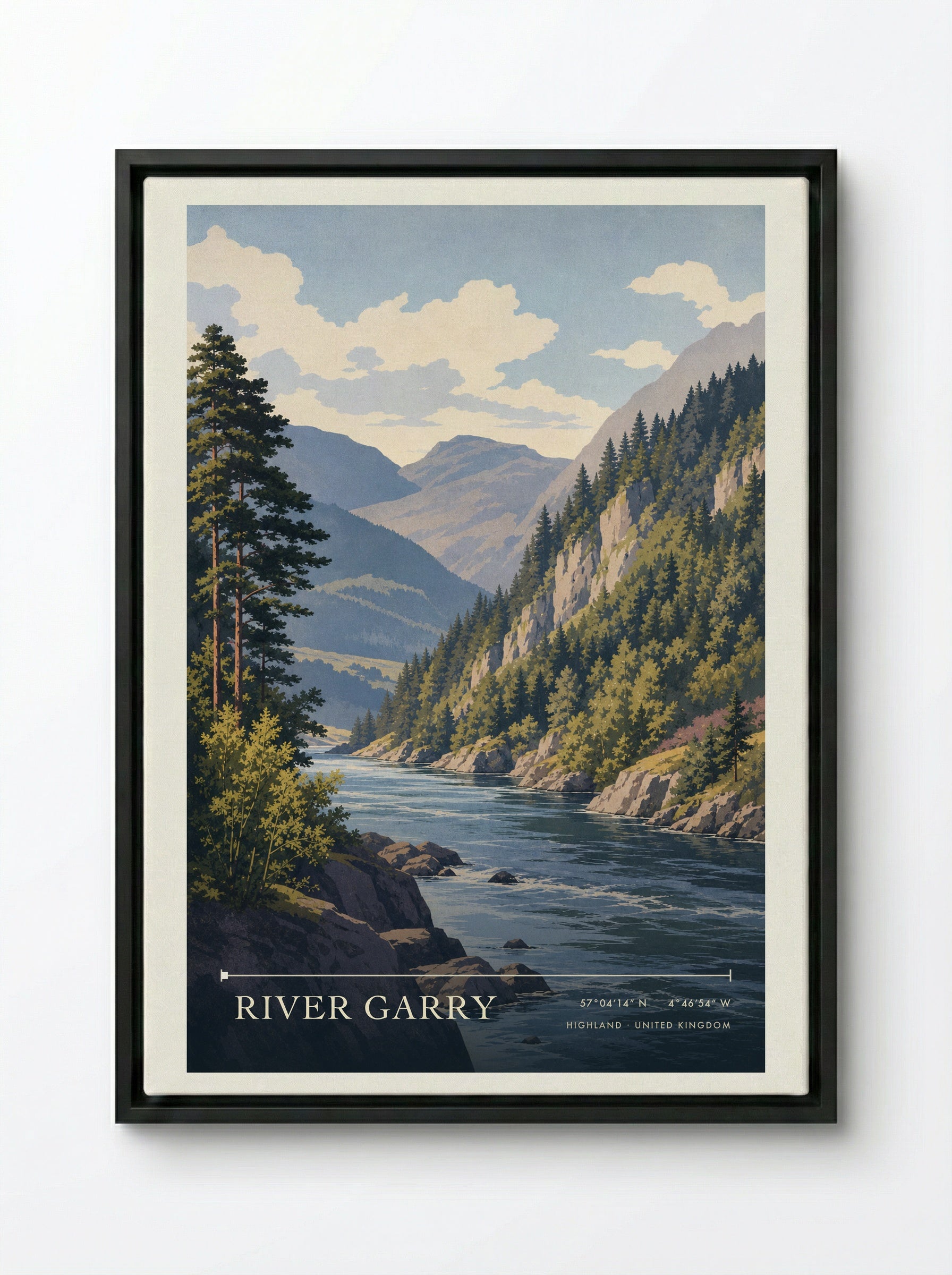 River Garry Highland United Kingdom Travel Poster - Framed Canvas Black