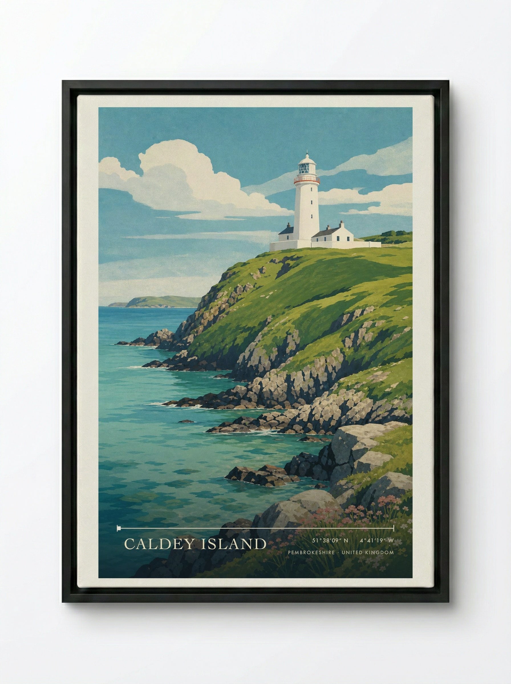 Caldey Island Pembrokeshire United Kingdom Travel Poster - Framed Canvas Black