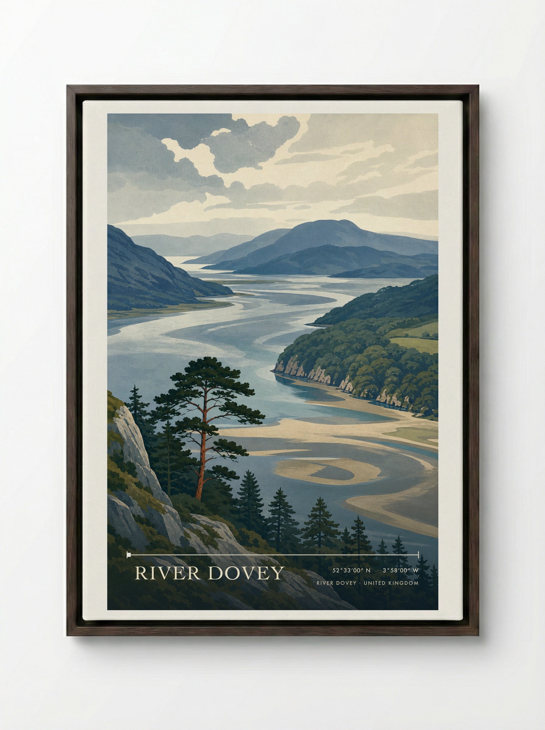 River Dovey United Kingdom Travel Poster - Framed Canvas Dark Wood