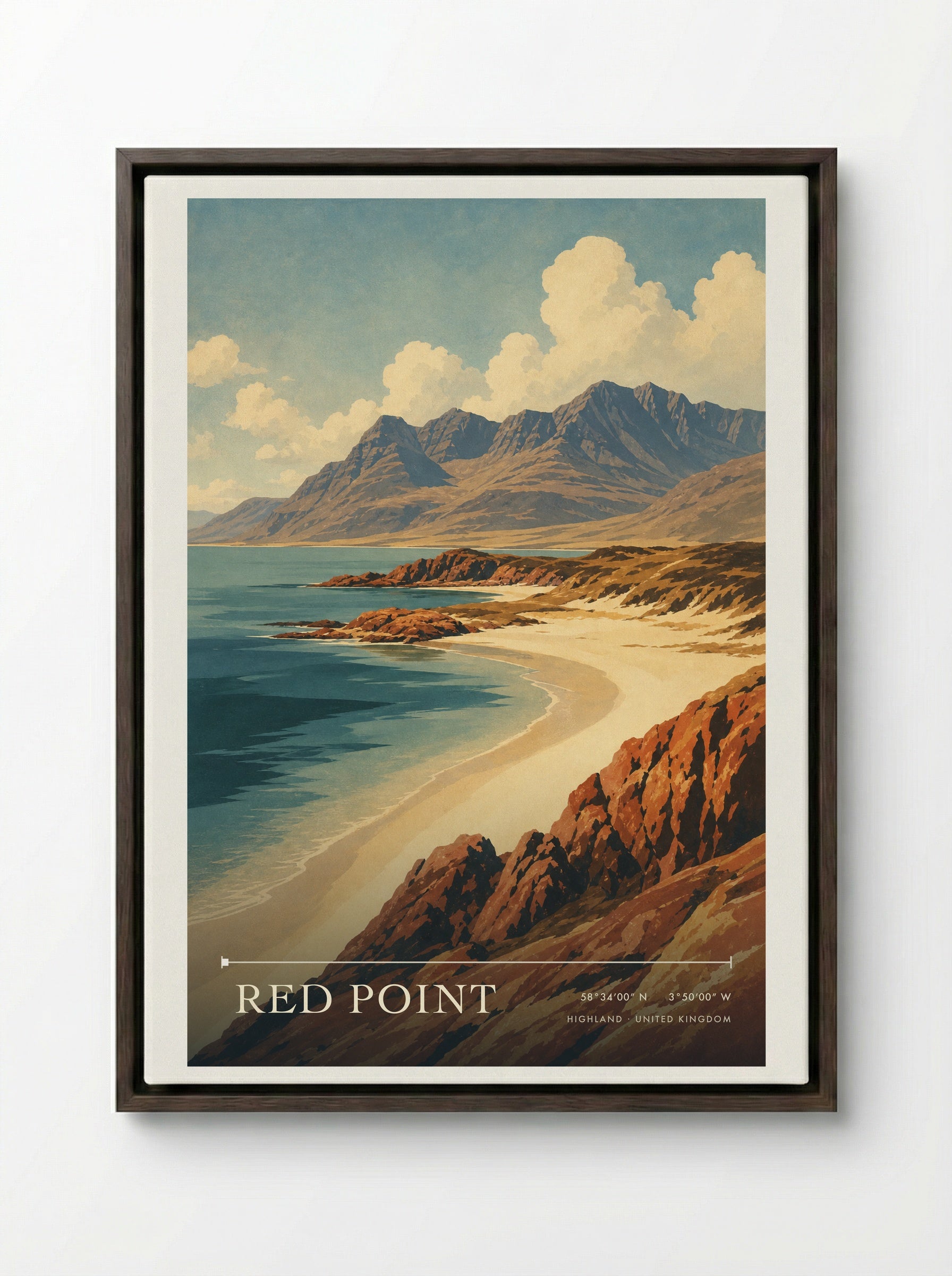 Red Point Highland United Kingdom Travel Poster - Framed Canvas Dark Wood