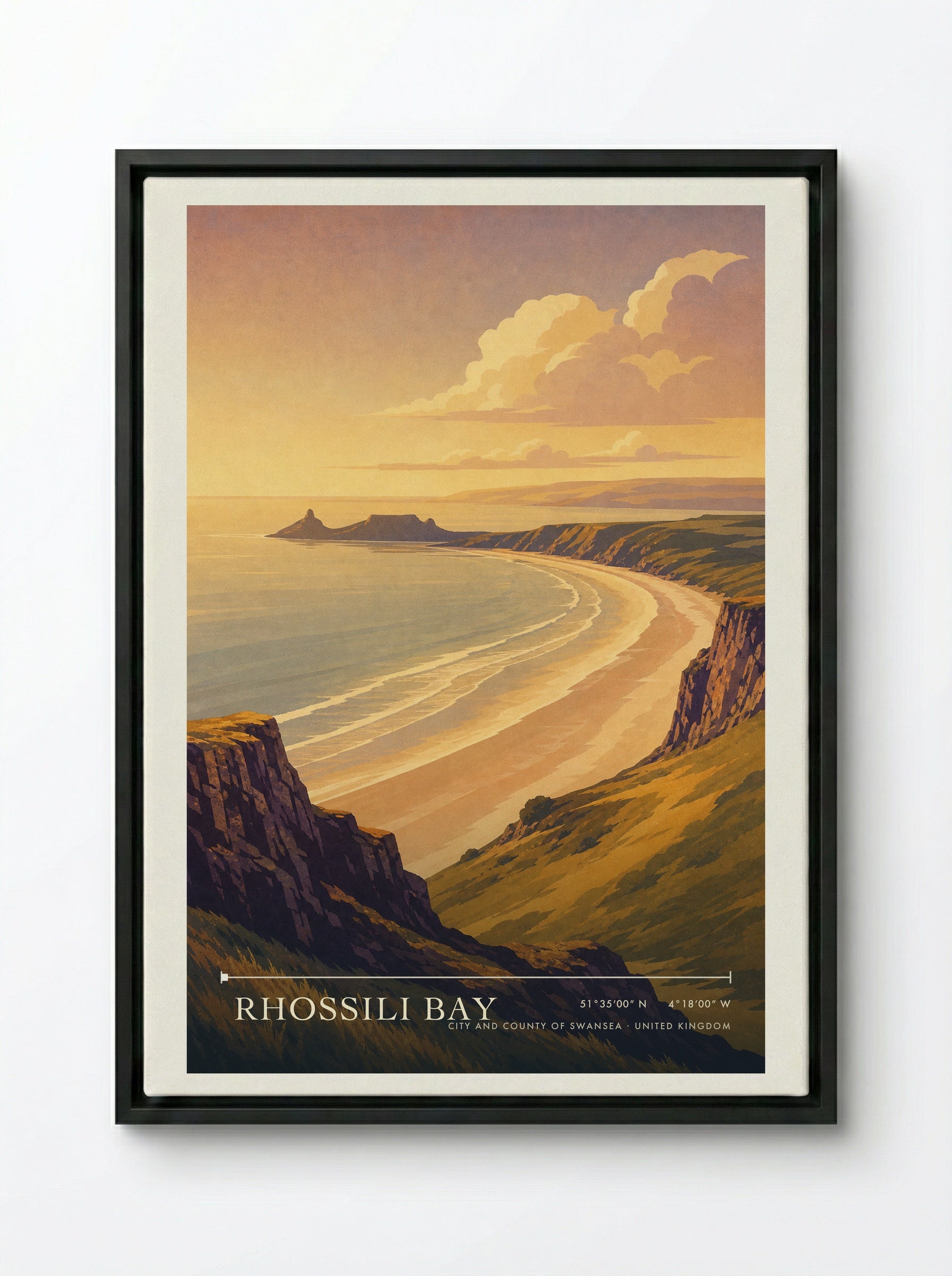 Rhossili Bay City and County of Swansea United Kingdom Travel Poster - Framed Canvas Black