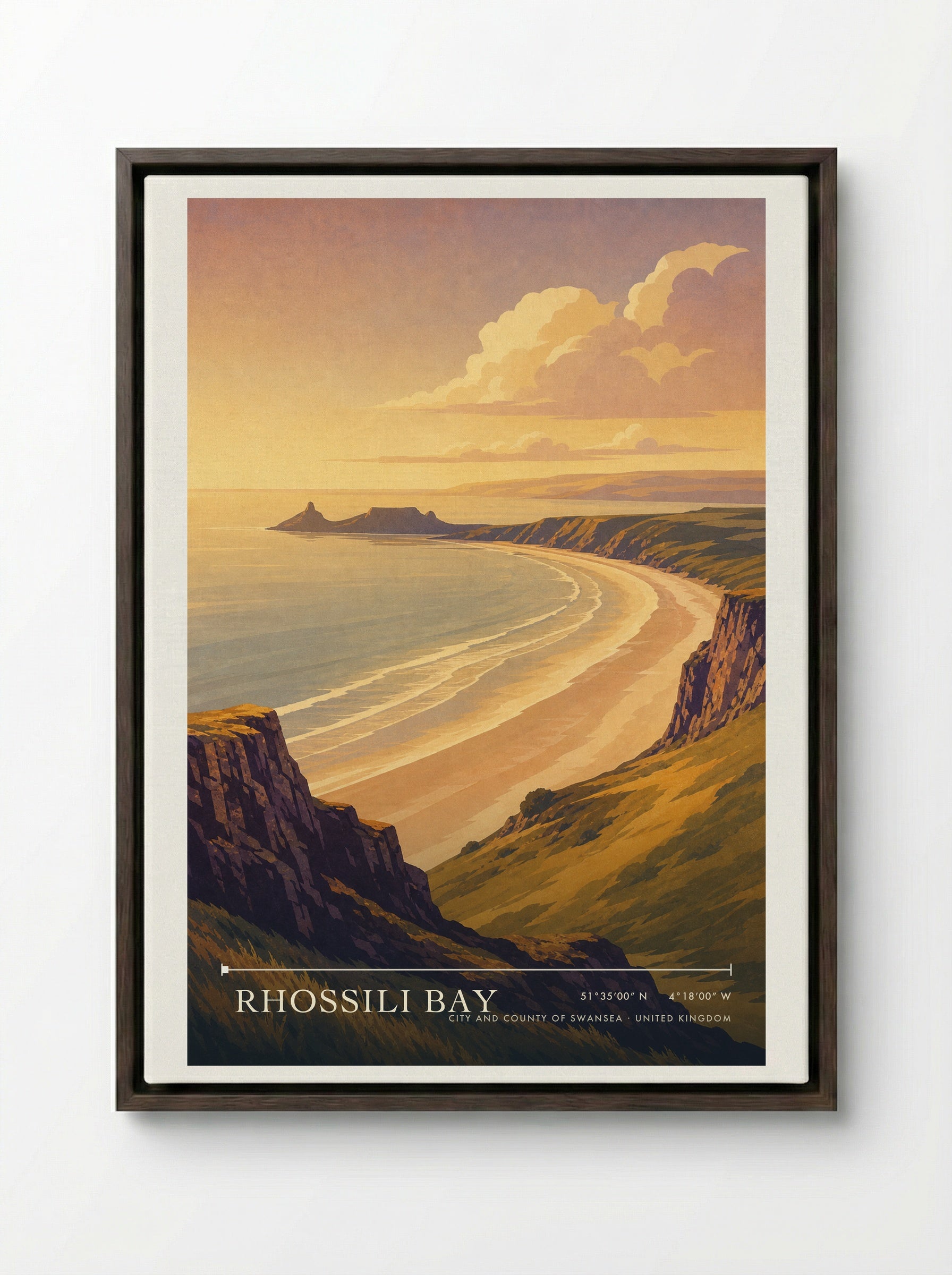 Rhossili Bay City and County of Swansea United Kingdom Travel Poster - Framed Canvas Dark Wood
