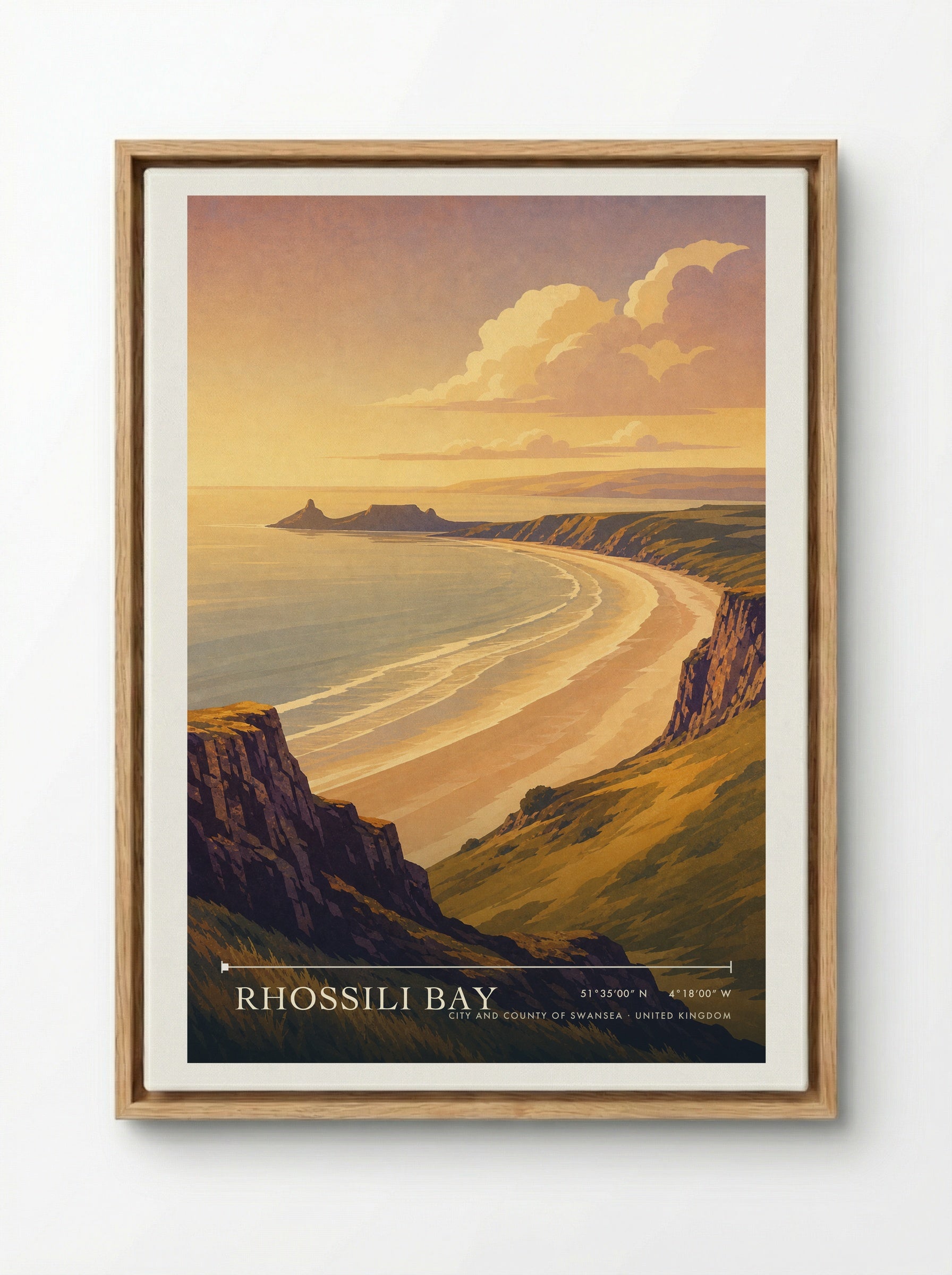 Rhossili Bay City and County of Swansea United Kingdom Travel Poster - Framed Canvas Wood