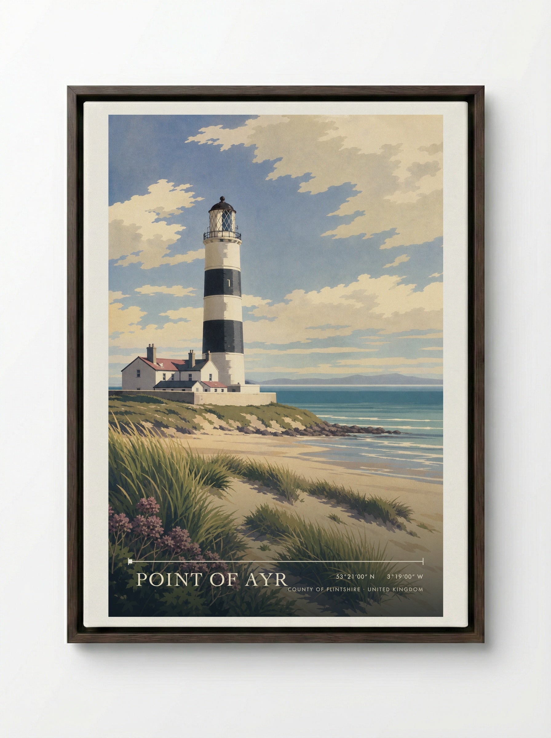 Point of Ayr County of Flintshire United Kingdom Travel Poster - Framed Canvas Dark Wood
