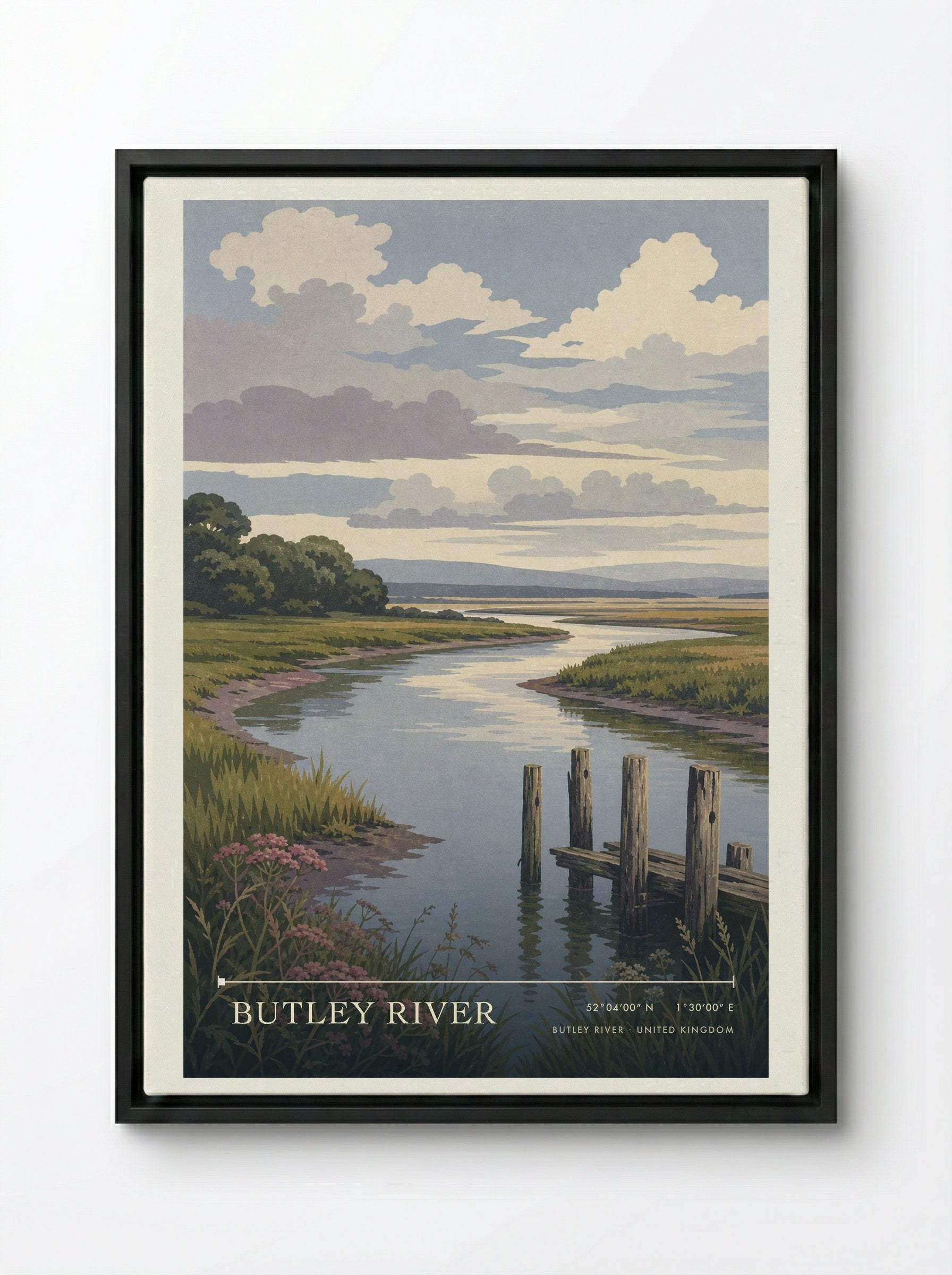Butley River United Kingdom Travel Poster - Framed Canvas Black