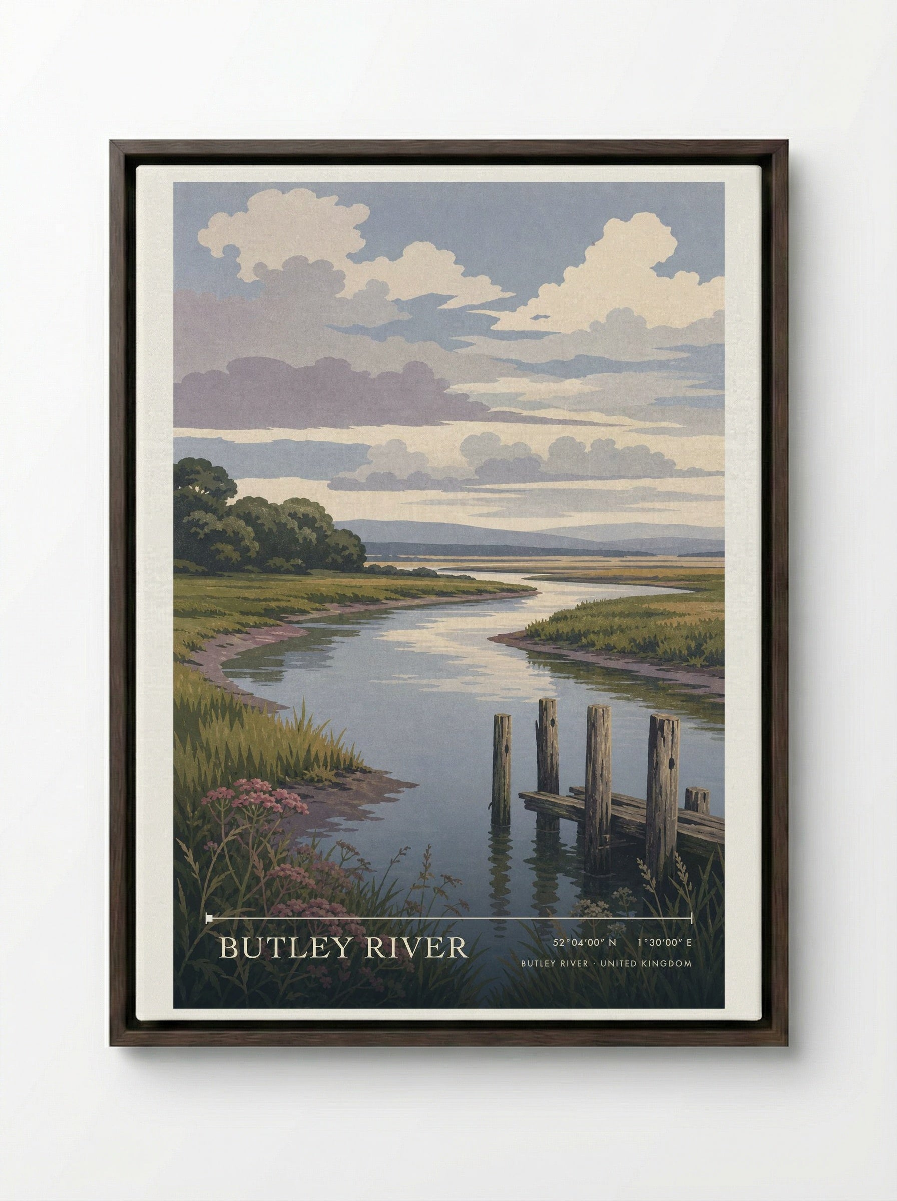 Butley River United Kingdom Travel Poster - Framed Canvas Dark Wood