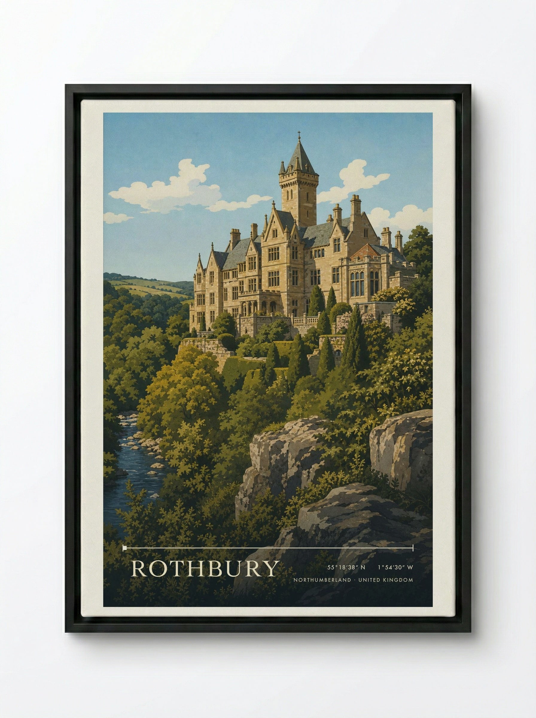 Rothbury Northumberland United Kingdom Travel Poster - Framed Canvas Black