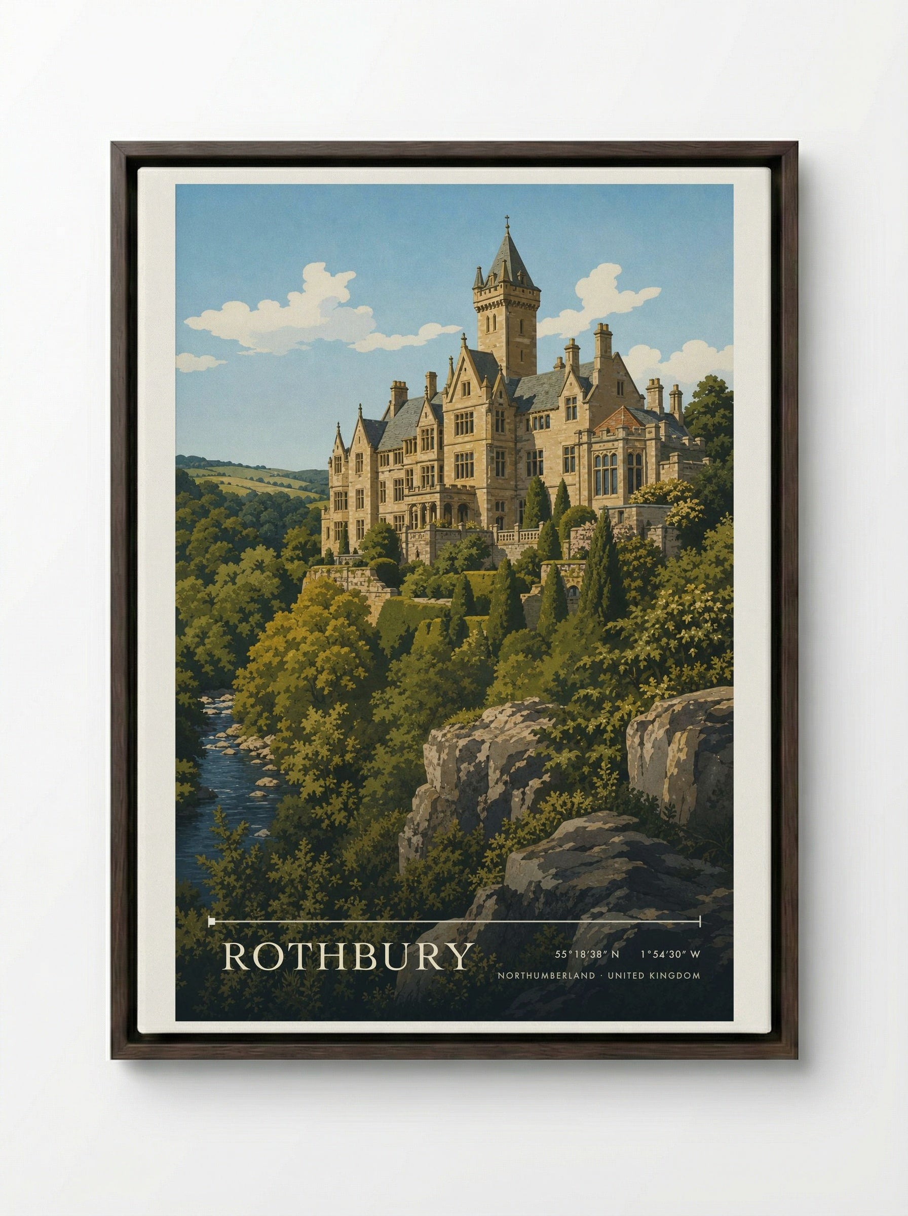 Rothbury Northumberland United Kingdom Travel Poster - Framed Canvas Dark Wood