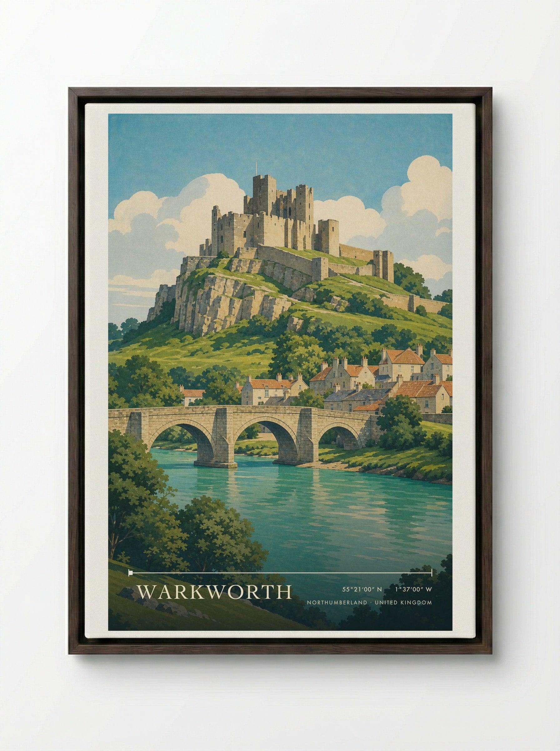 Warkworth Northumberland United Kingdom Travel Poster - Framed Canvas Dark Wood