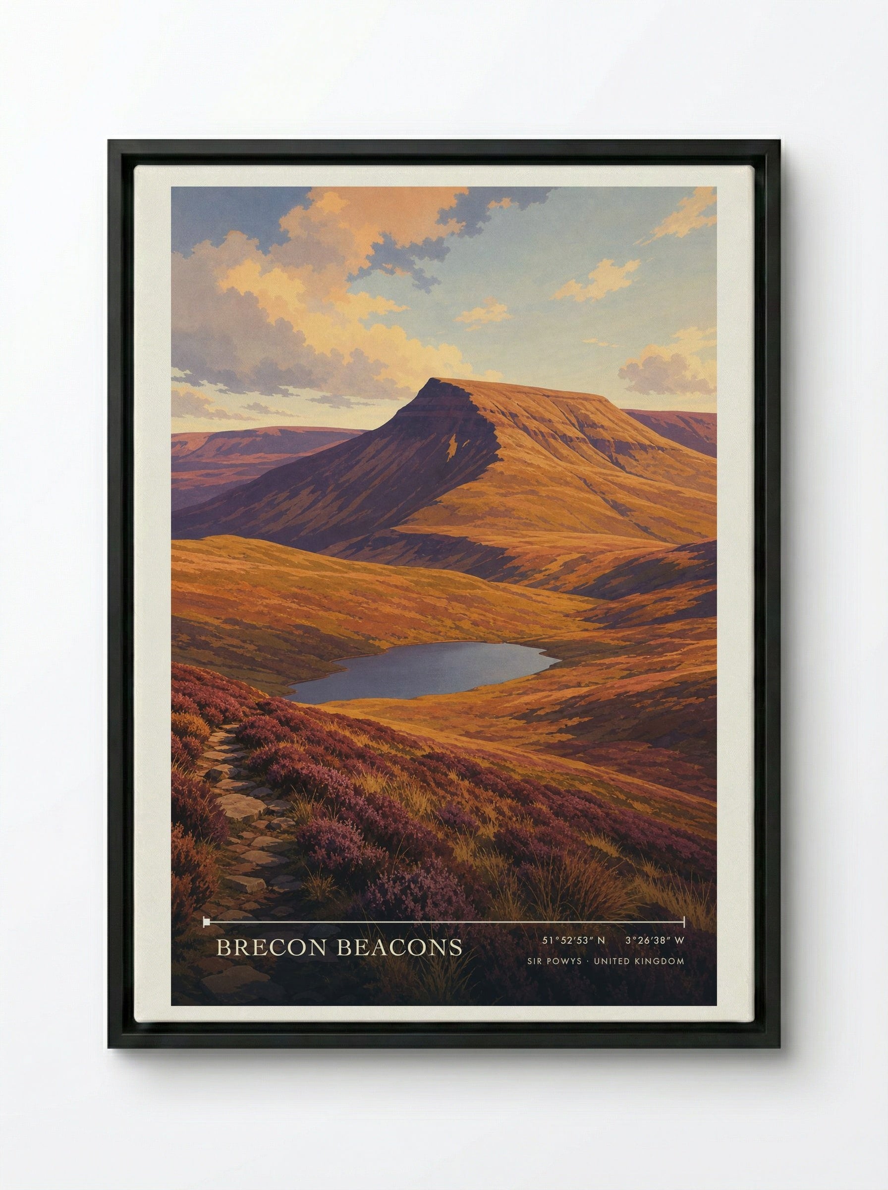Brecon Beacons Sir Powys United Kingdom Travel Poster - Framed Canvas Black