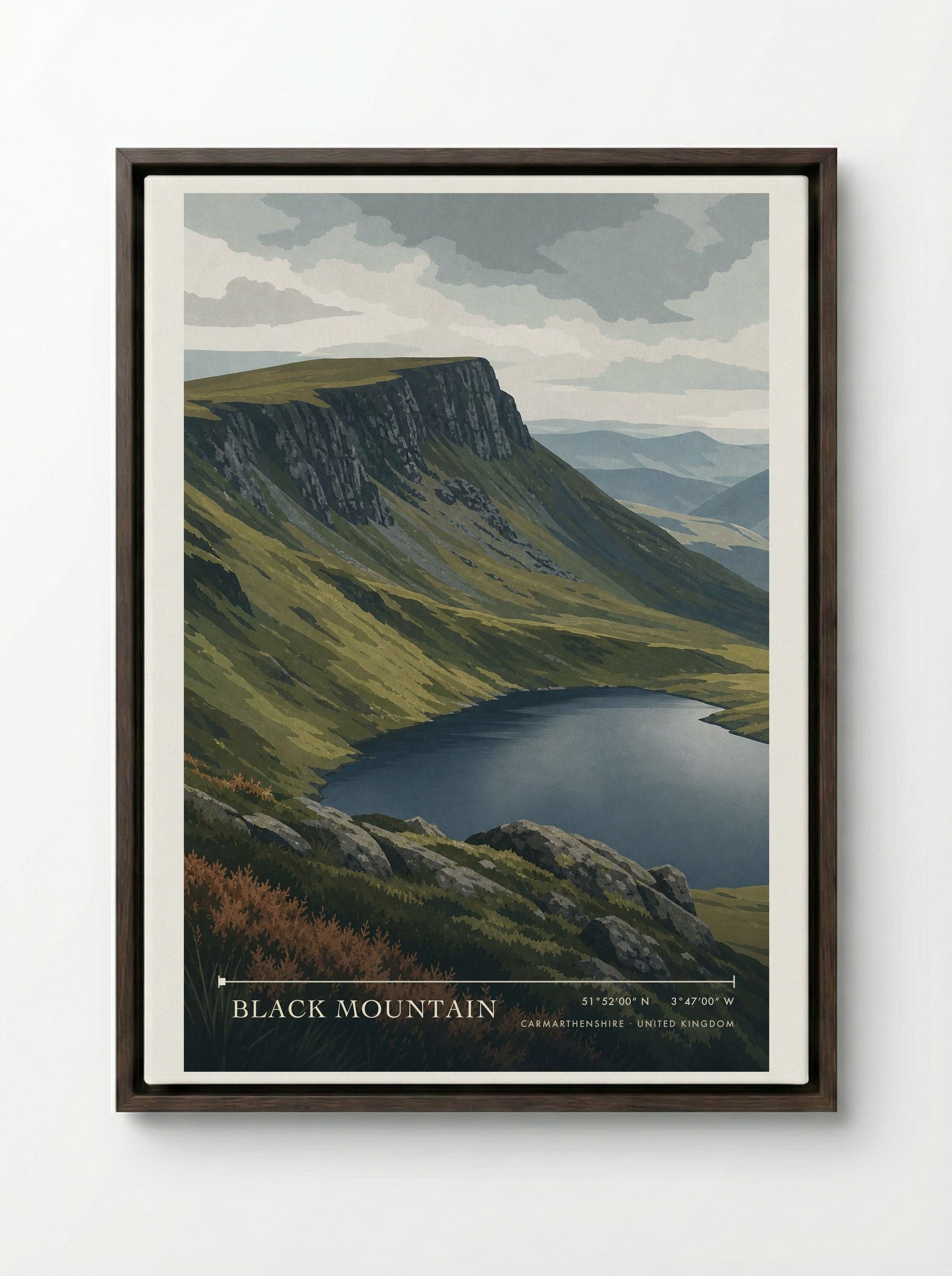 Black Mountain Carmarthenshire United Kingdom Travel Poster - Framed Canvas Dark Wood