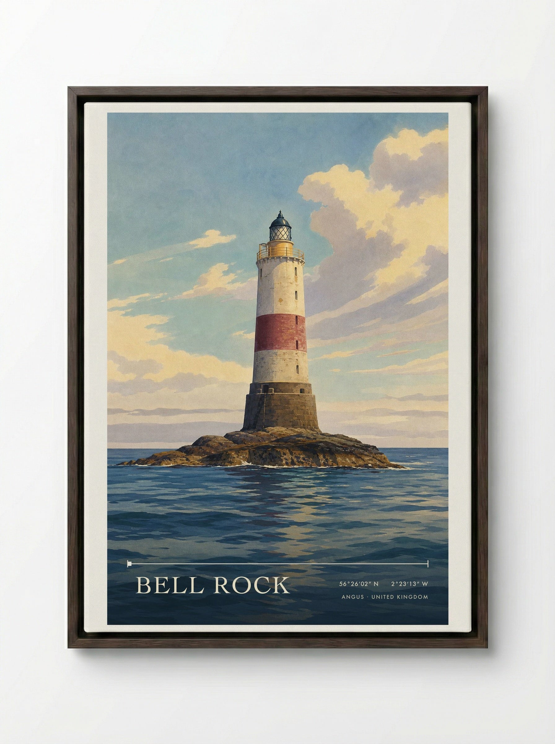 Bell Rock Angus United Kingdom Travel Poster - Framed Canvas Dark Wood