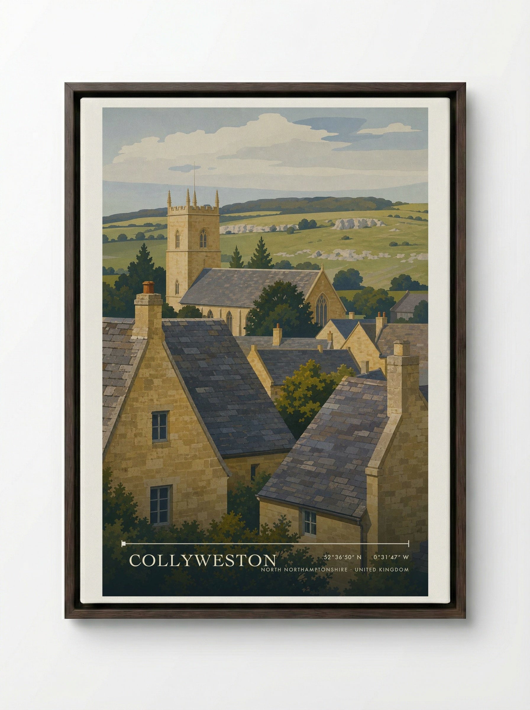Collyweston North Northamptonshire United Kingdom Travel Poster - Framed Canvas Dark Wood