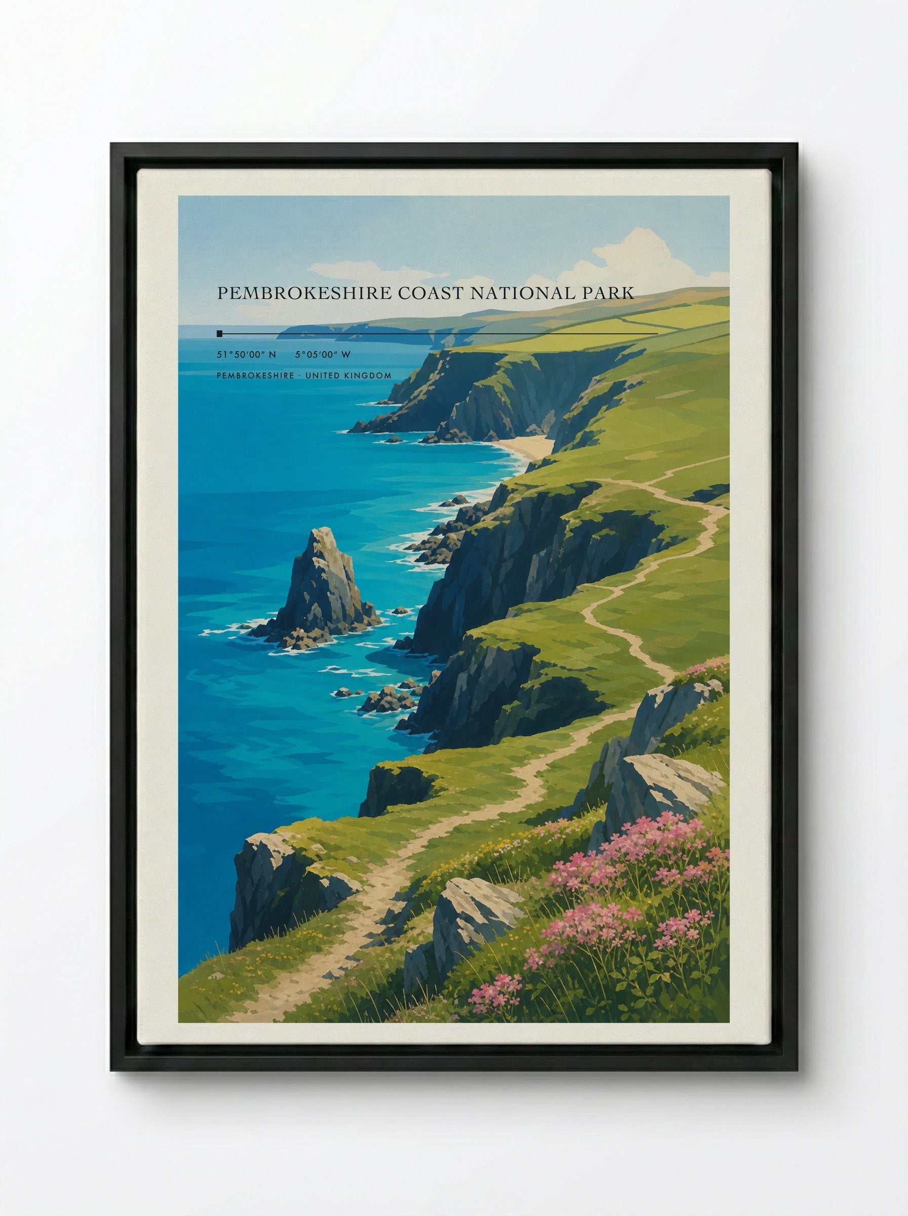 Pembrokeshire Coast National Park United Kingdom Travel Poster - Framed Canvas Black