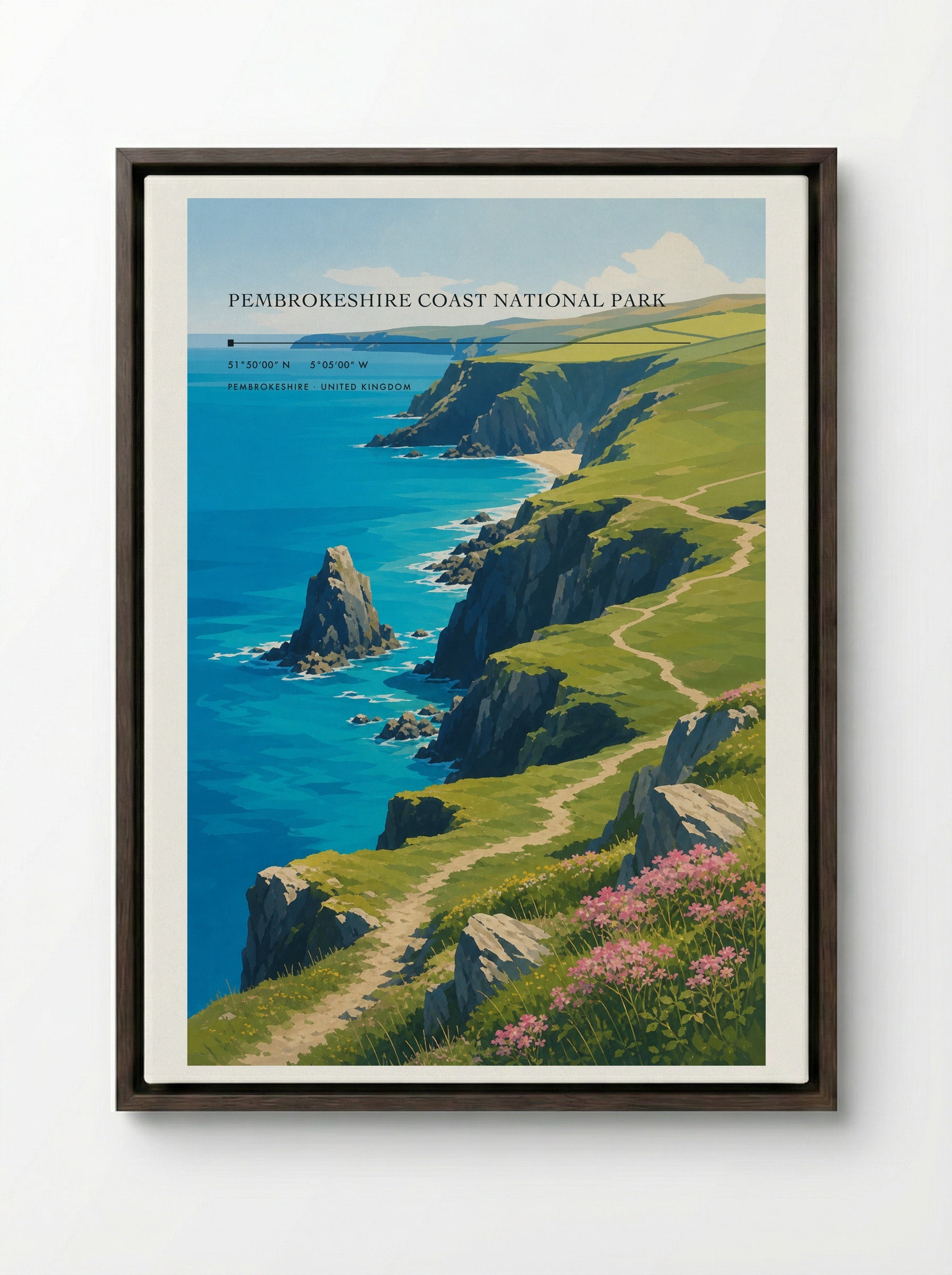 Pembrokeshire Coast National Park United Kingdom Travel Poster - Framed Canvas Dark Wood