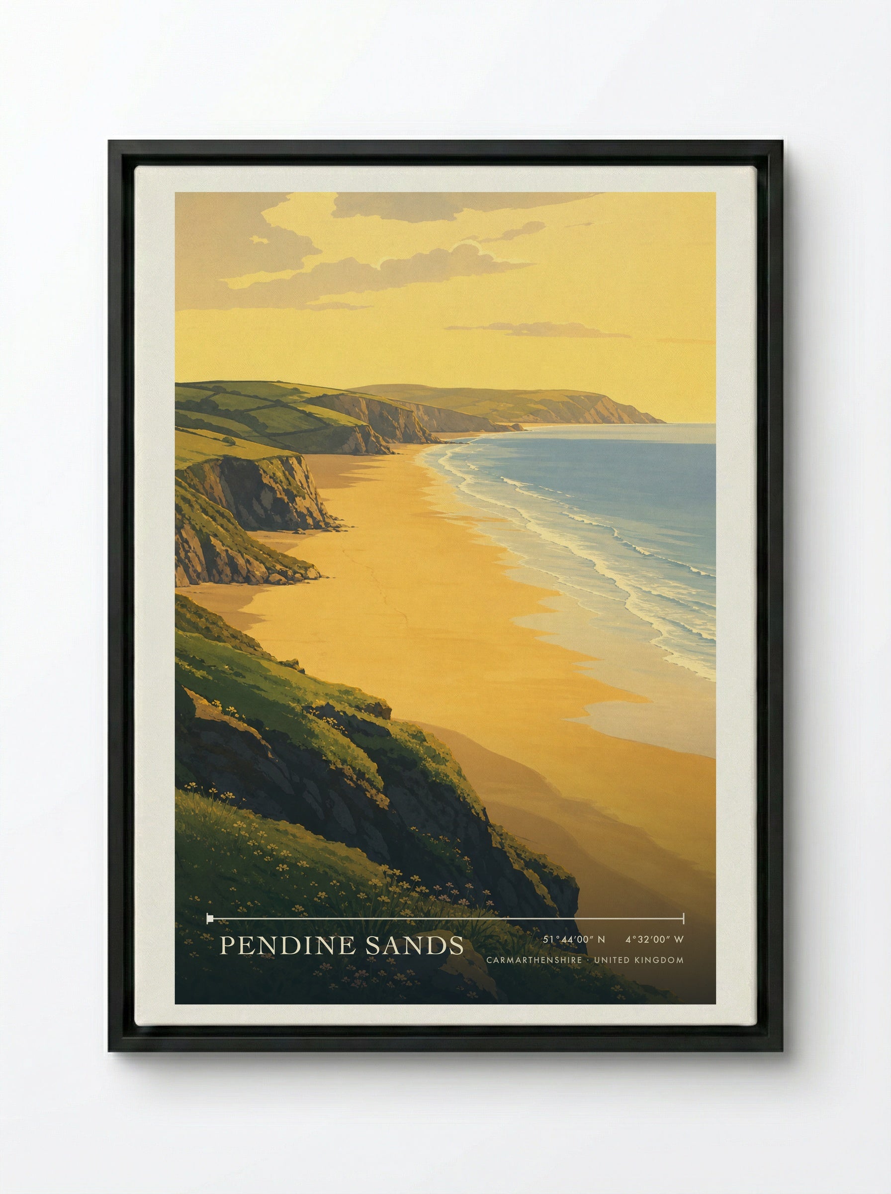 Pendine Sands Carmarthenshire United Kingdom Travel Poster - Framed Canvas Black