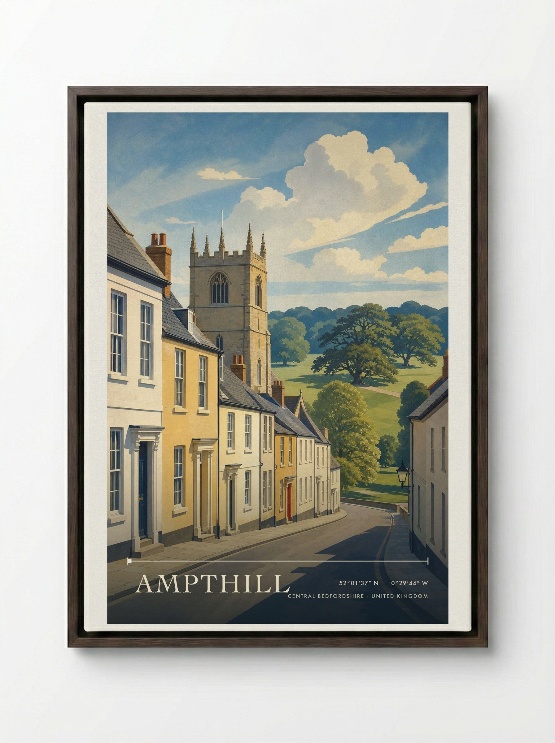 Ampthill Central Bedfordshire United Kingdom Travel Poster - Framed Canvas Dark Wood