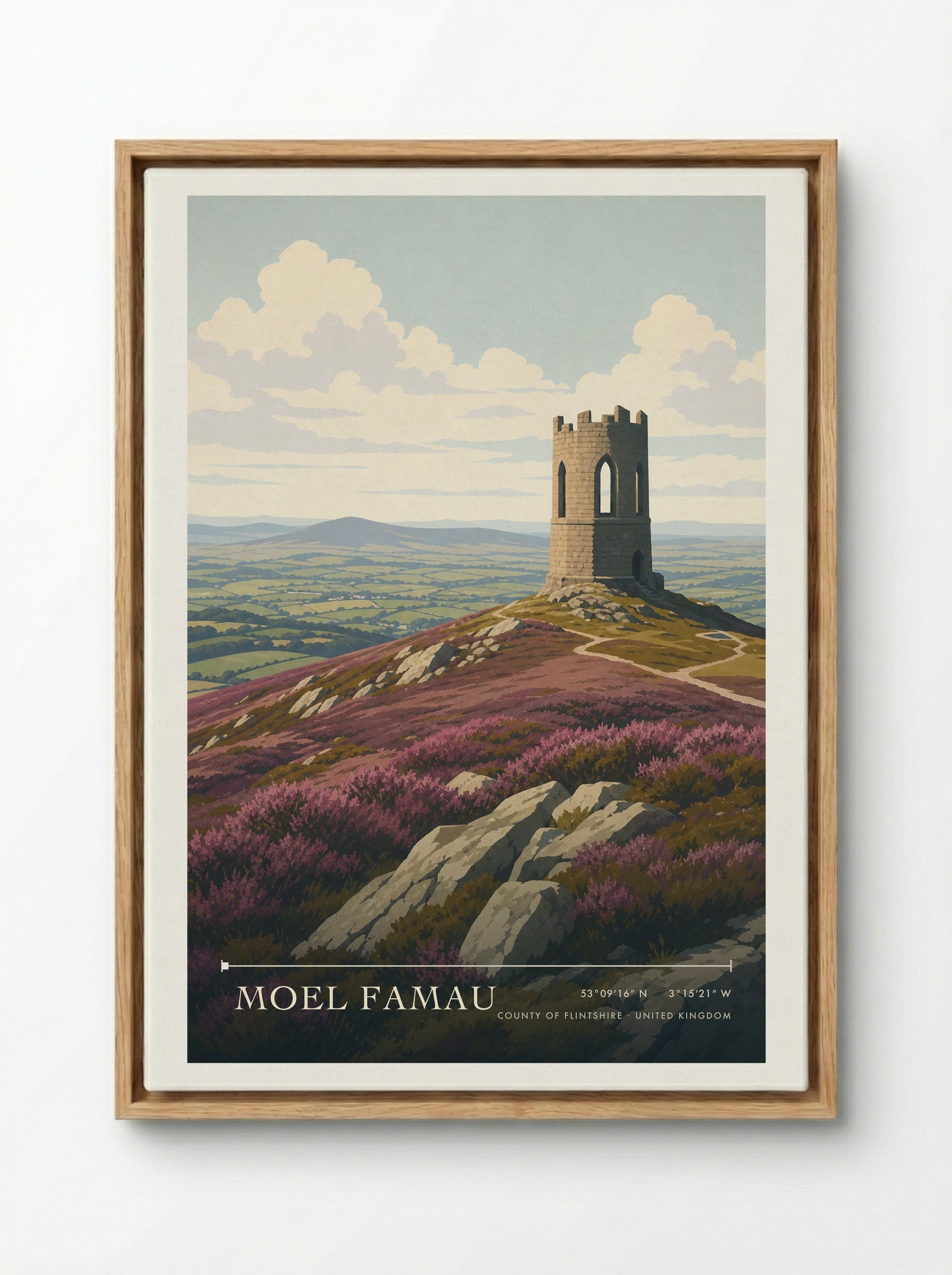 Moel Famau County of Flintshire United Kingdom Travel Poster - Framed Canvas Wood