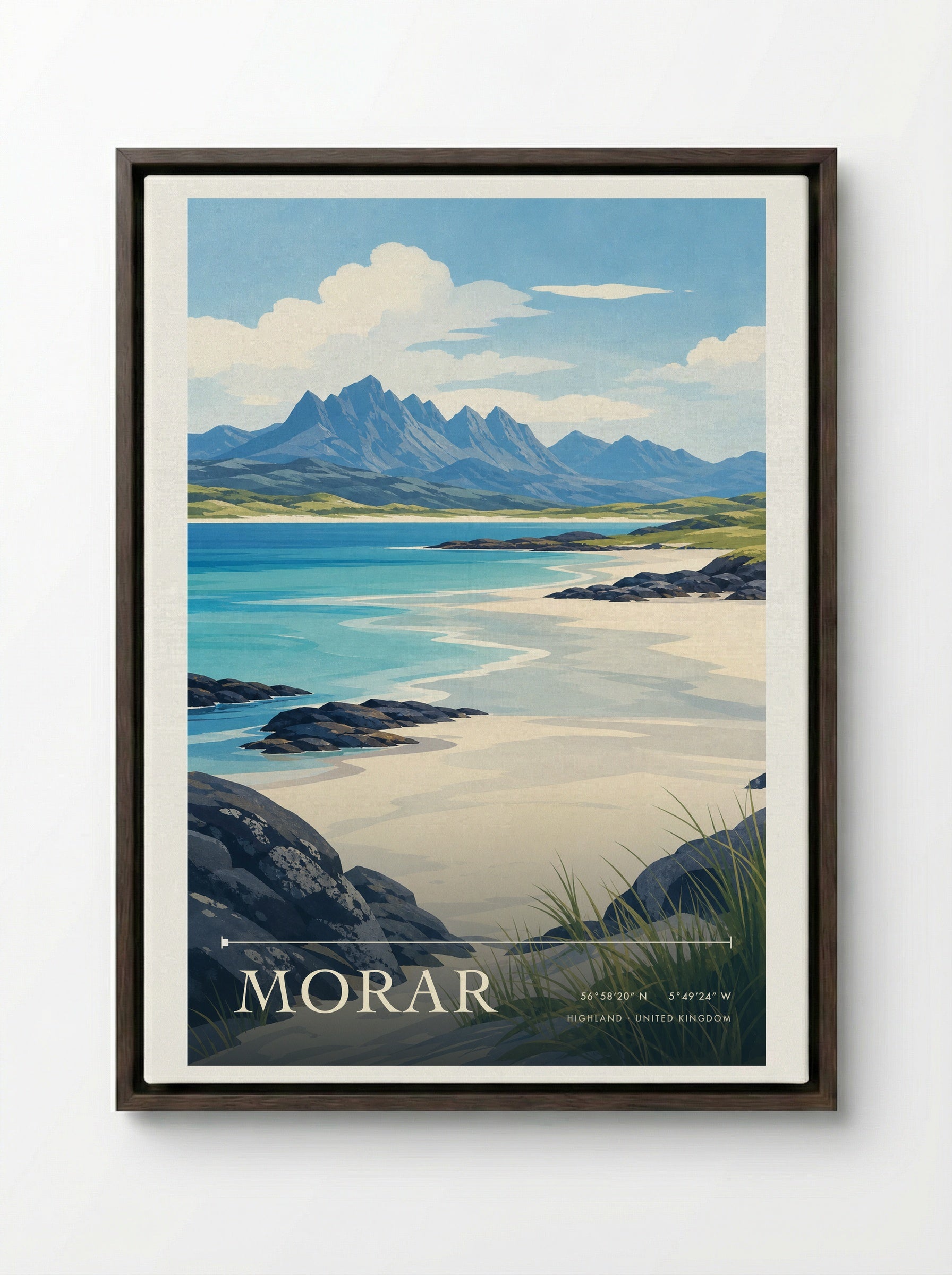Morar Highland United Kingdom Travel Poster - Framed Canvas Dark Wood