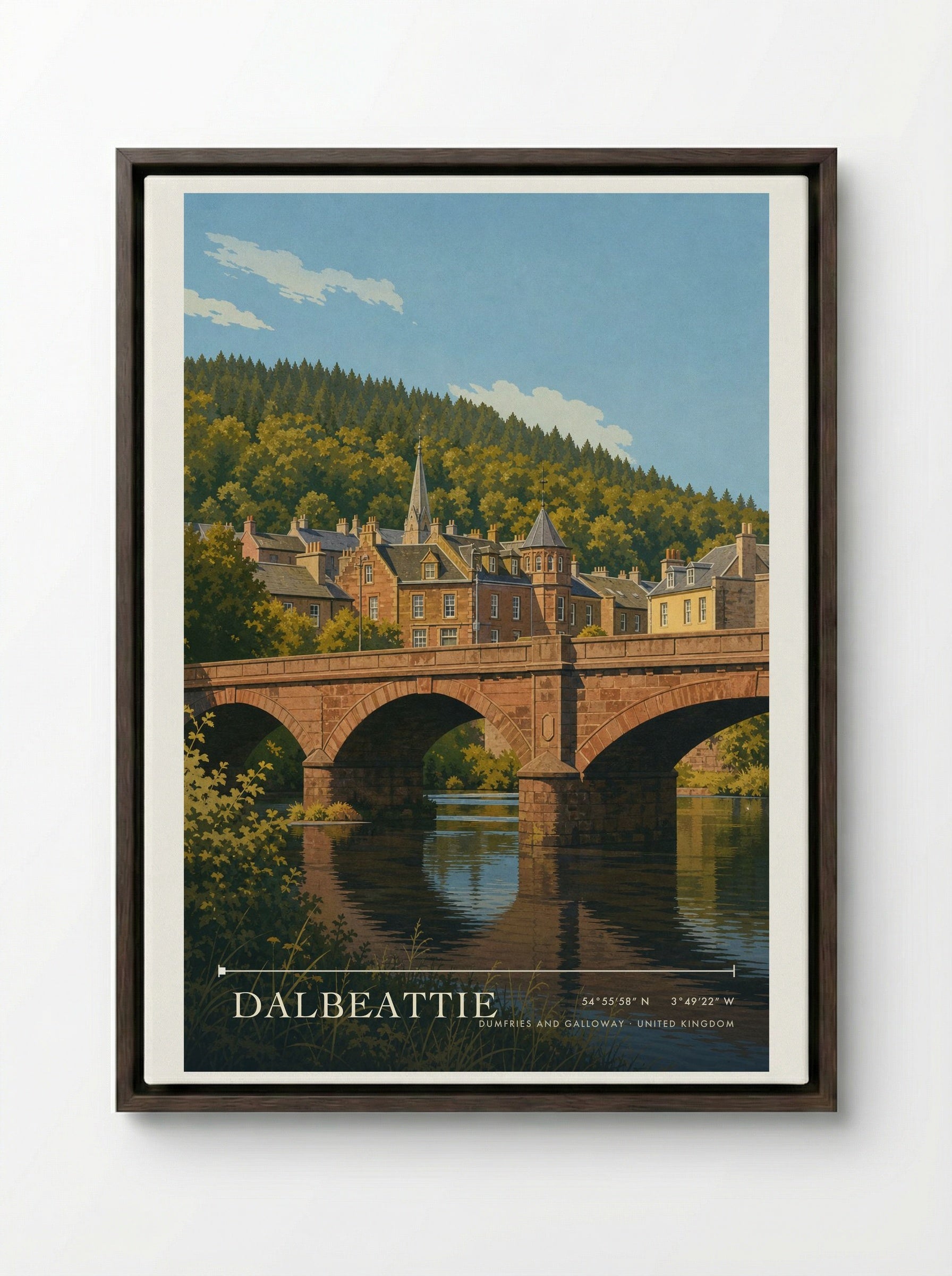 Dalbeattie Dumfries and Galloway United Kingdom Travel Poster - Framed Canvas Dark Wood