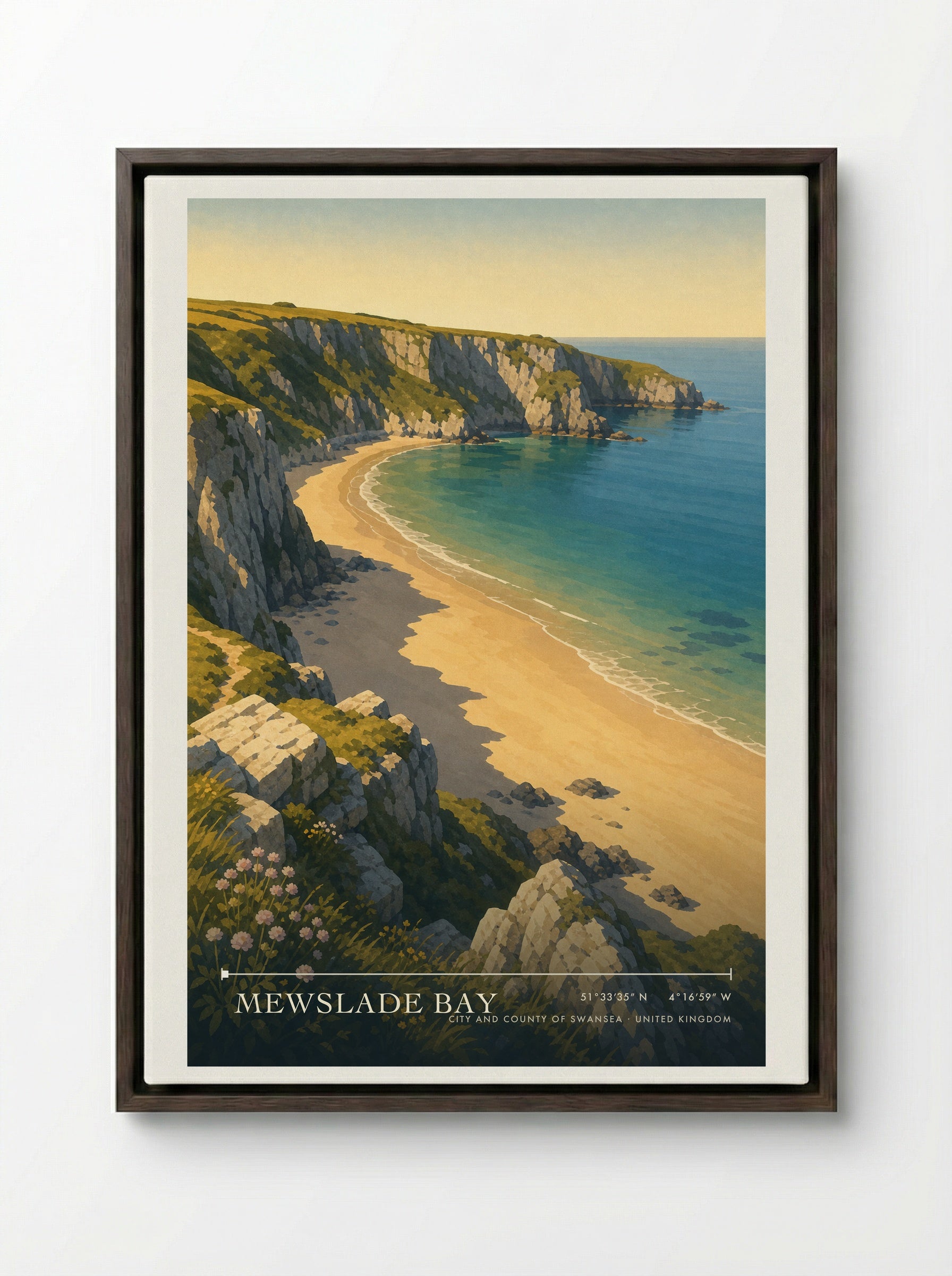 Mewslade Bay City and County of Swansea United Kingdom Travel Poster - Framed Canvas Dark Wood