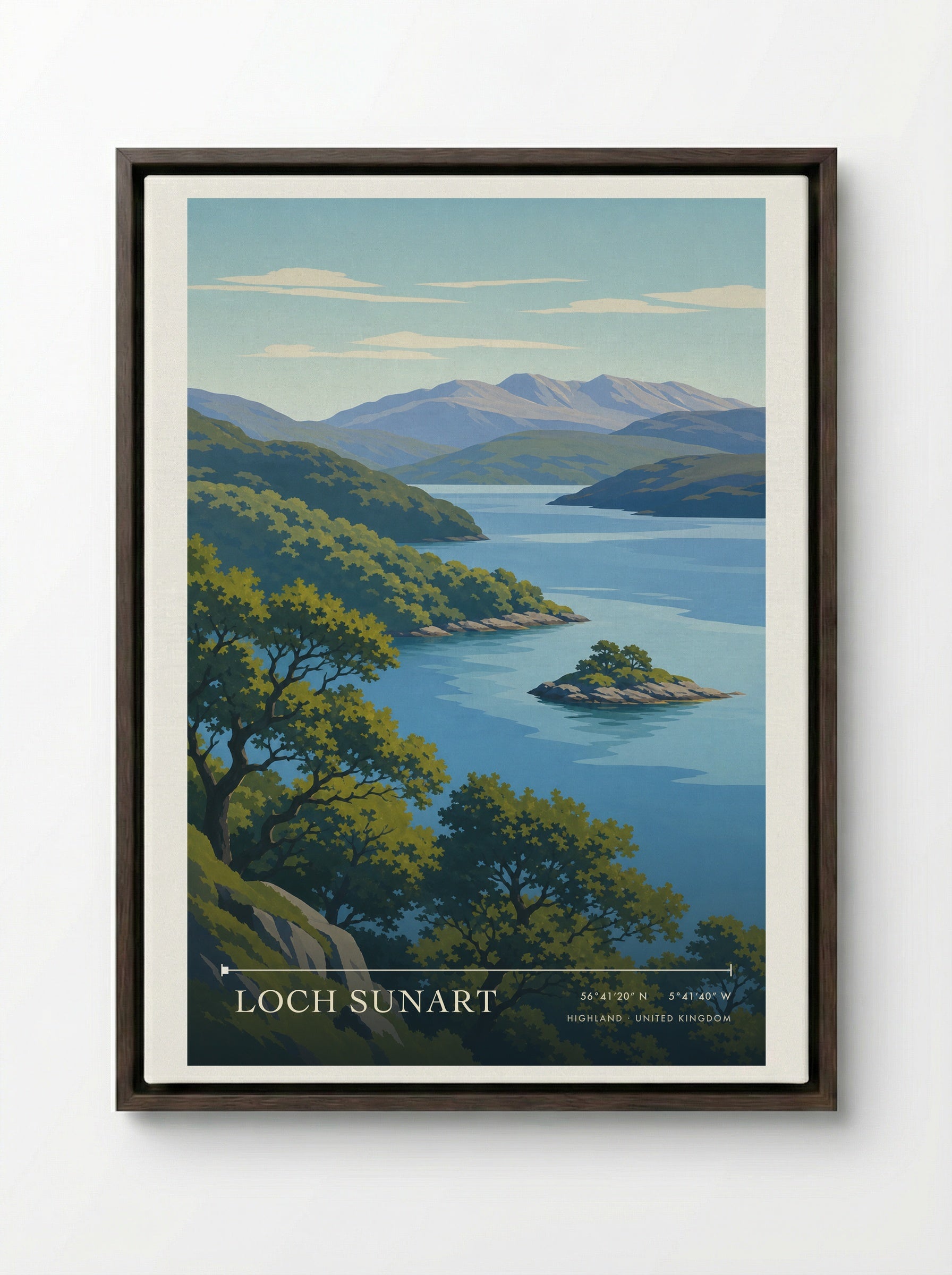 Loch Sunart Highland United Kingdom Travel Poster - Framed Canvas Dark Wood