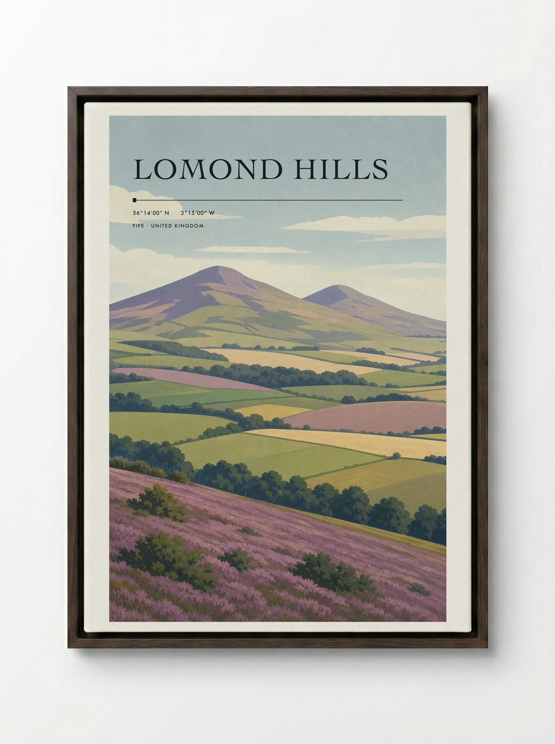 Lomond Hills Fife United Kingdom Travel Poster - Framed Canvas Dark Wood