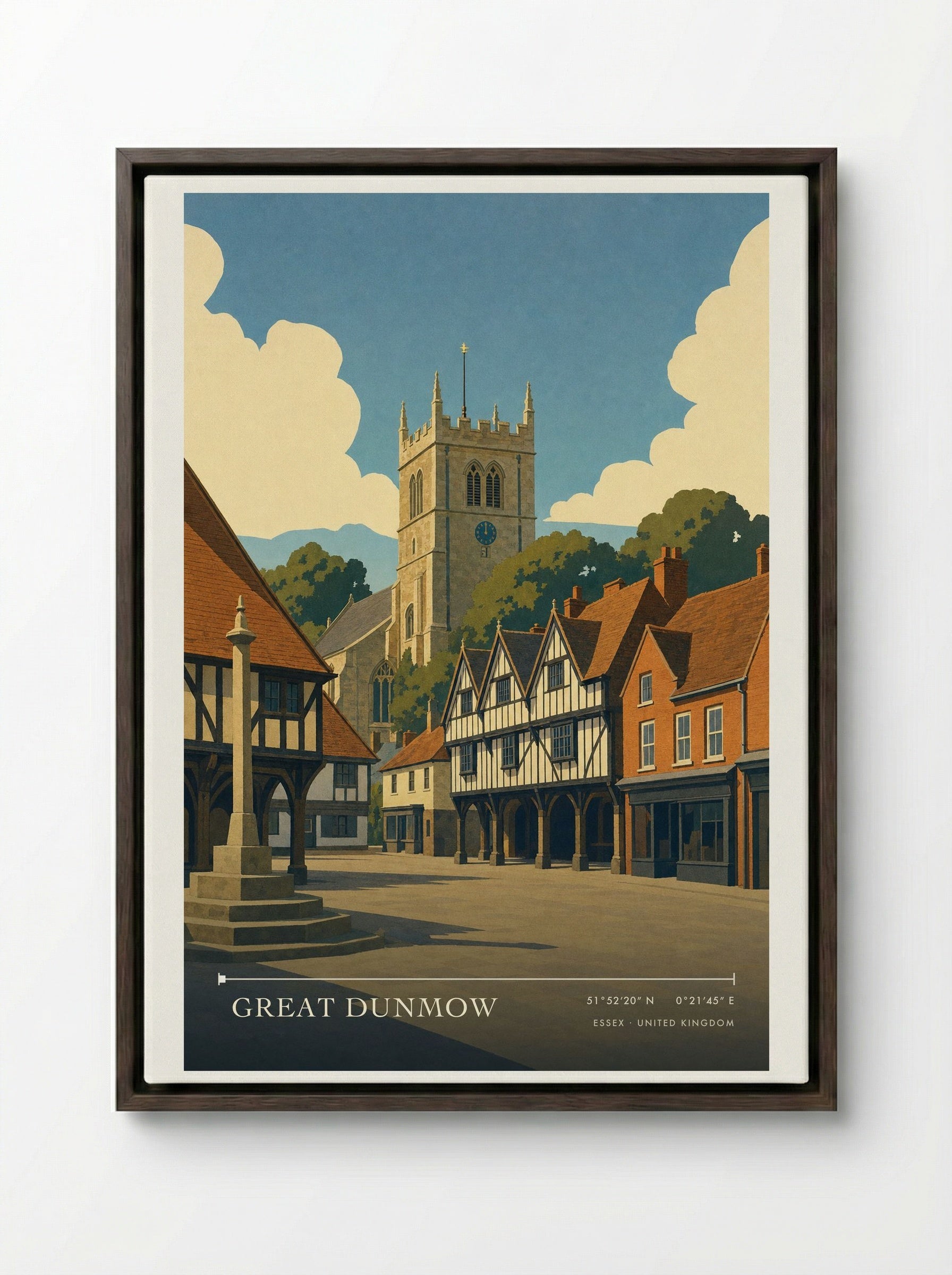 Great Dunmow Essex United Kingdom Travel Poster - Framed Canvas Dark Wood
