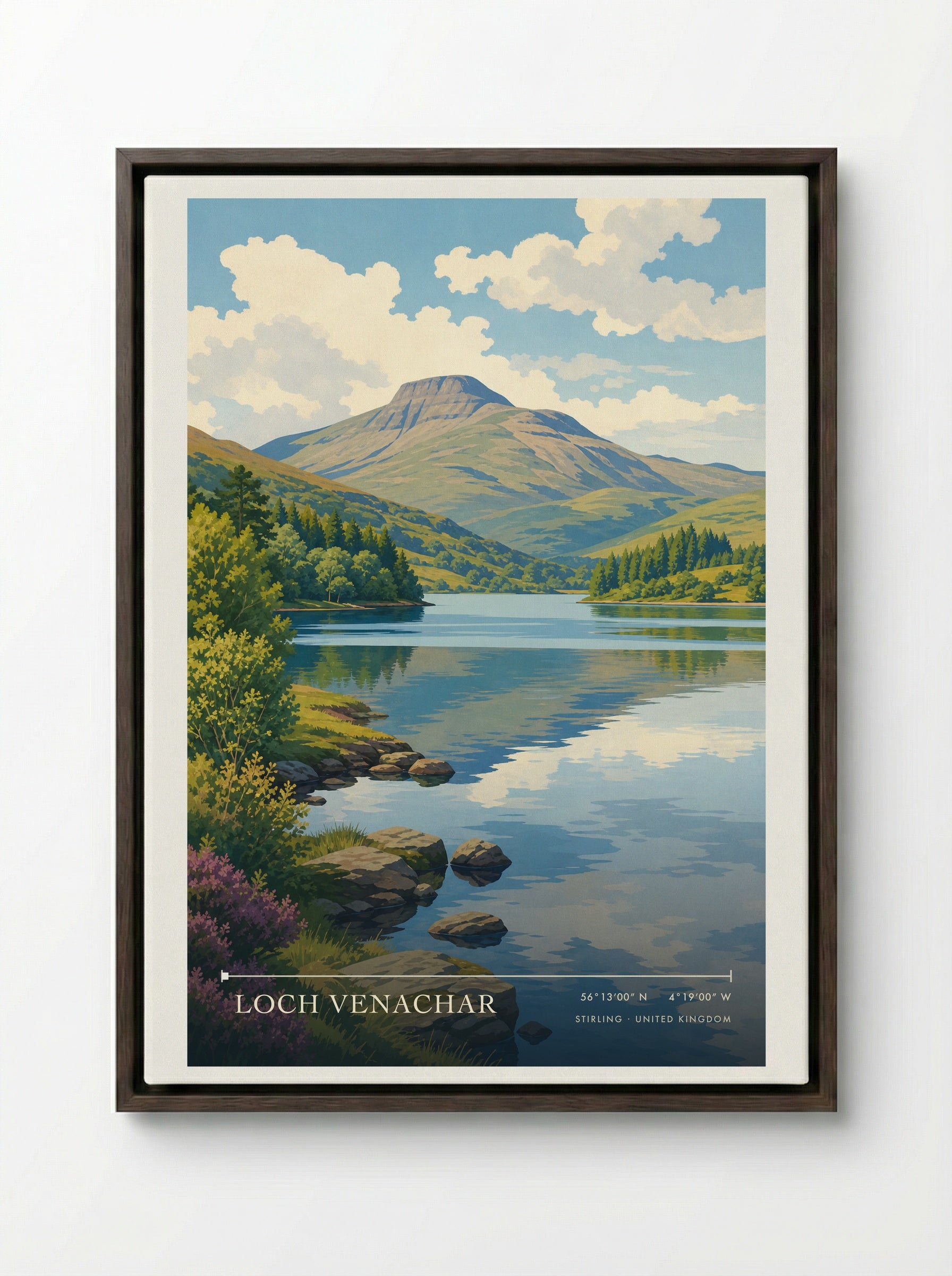 Loch Venachar Stirling United Kingdom Travel Poster - Framed Canvas Dark Wood