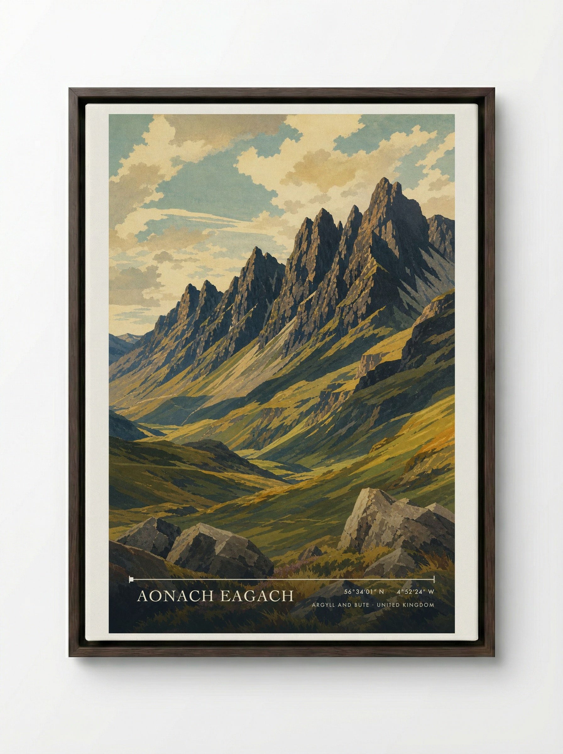 Aonach Eagach Argyll and Bute United Kingdom Travel Poster - Framed Canvas Dark Wood