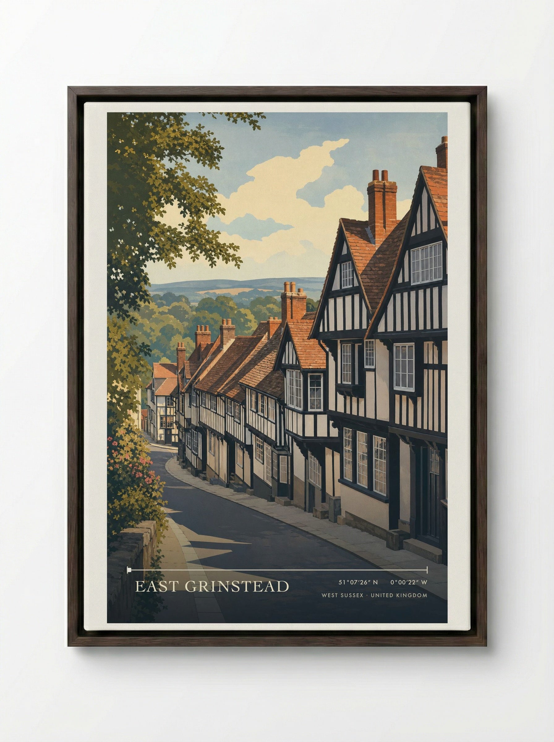 East Grinstead West Sussex United Kingdom Travel Poster - Framed Canvas Dark Wood