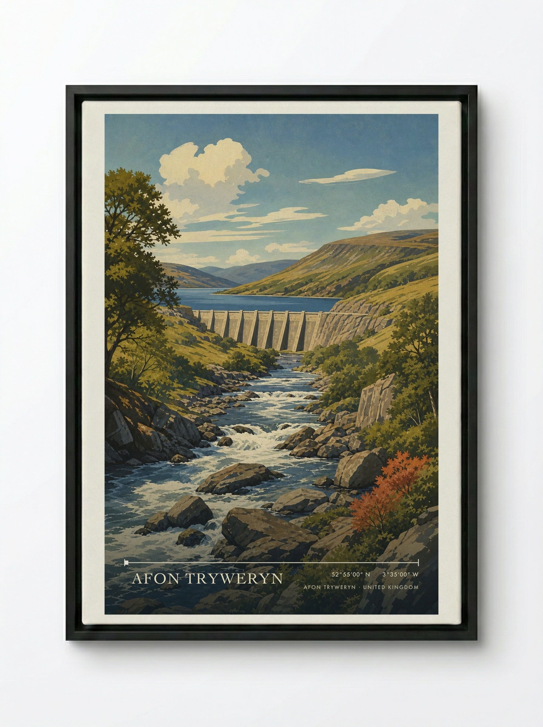 Afon Tryweryn United Kingdom Travel Poster - Framed Canvas Black