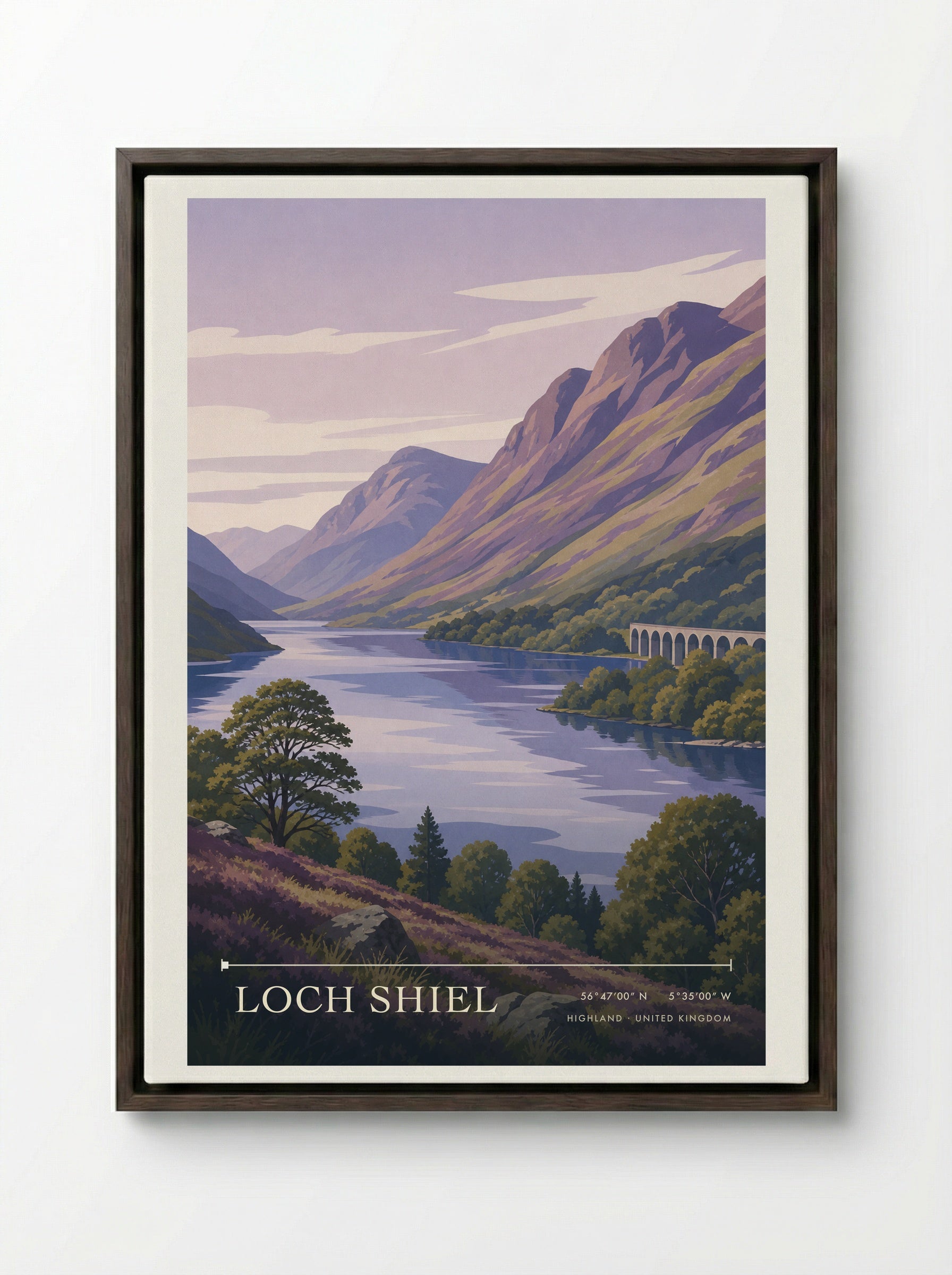 Loch Shiel Highland United Kingdom Travel Poster - Framed Canvas Dark Wood