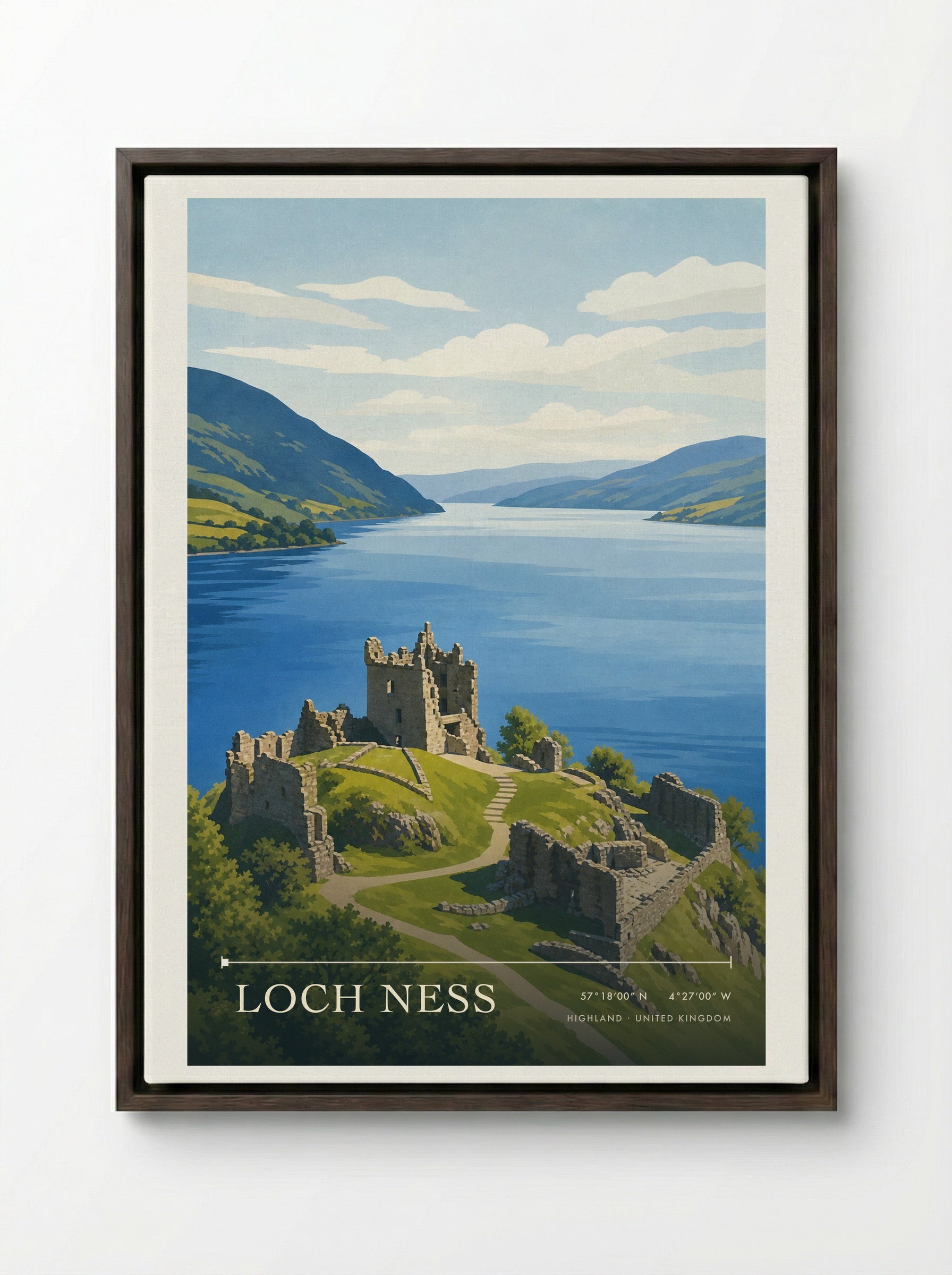 Loch Ness Highland United Kingdom Travel Poster - Framed Canvas Dark Wood