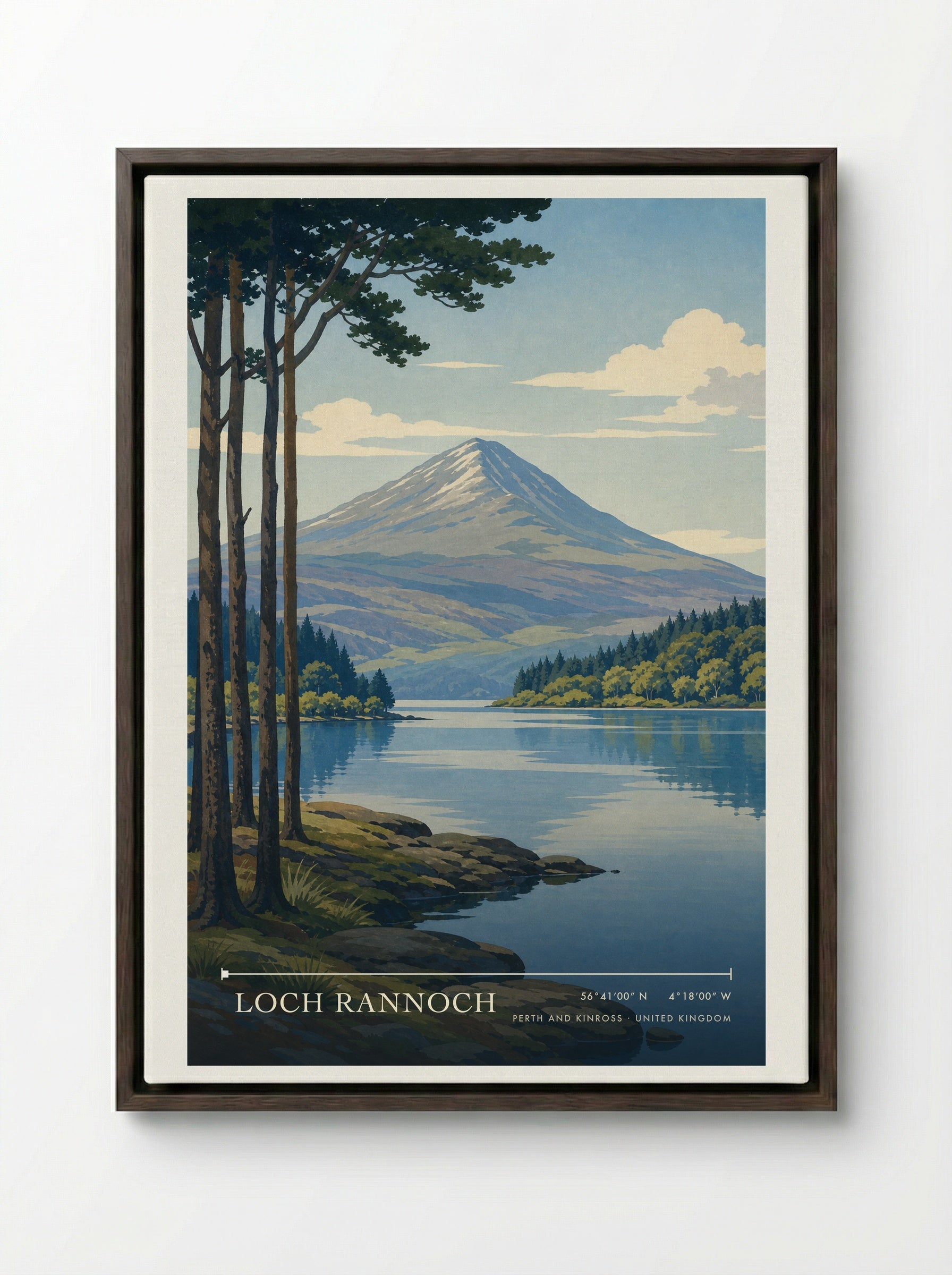 Loch Rannoch Perth and Kinross United Kingdom Travel Poster - Framed Canvas Dark Wood