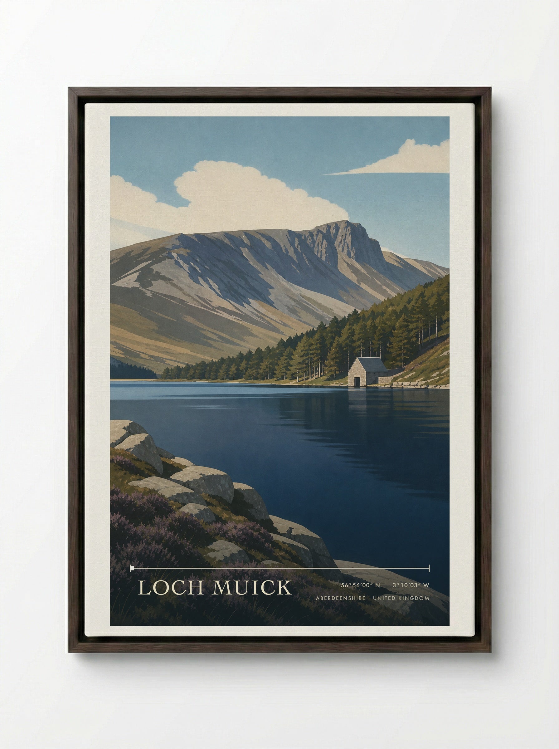 Loch Muick Aberdeenshire United Kingdom Travel Poster - Framed Canvas Dark Wood